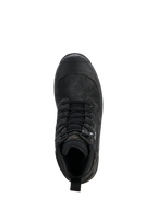 Alpinestars Woman Judy Waterproof Boots, Black, top-down view of a single motorcycle boot, combat-inspired design with laces and drawstring toggle closure, rubberized toe protection, durable leather and textile construction for road riding