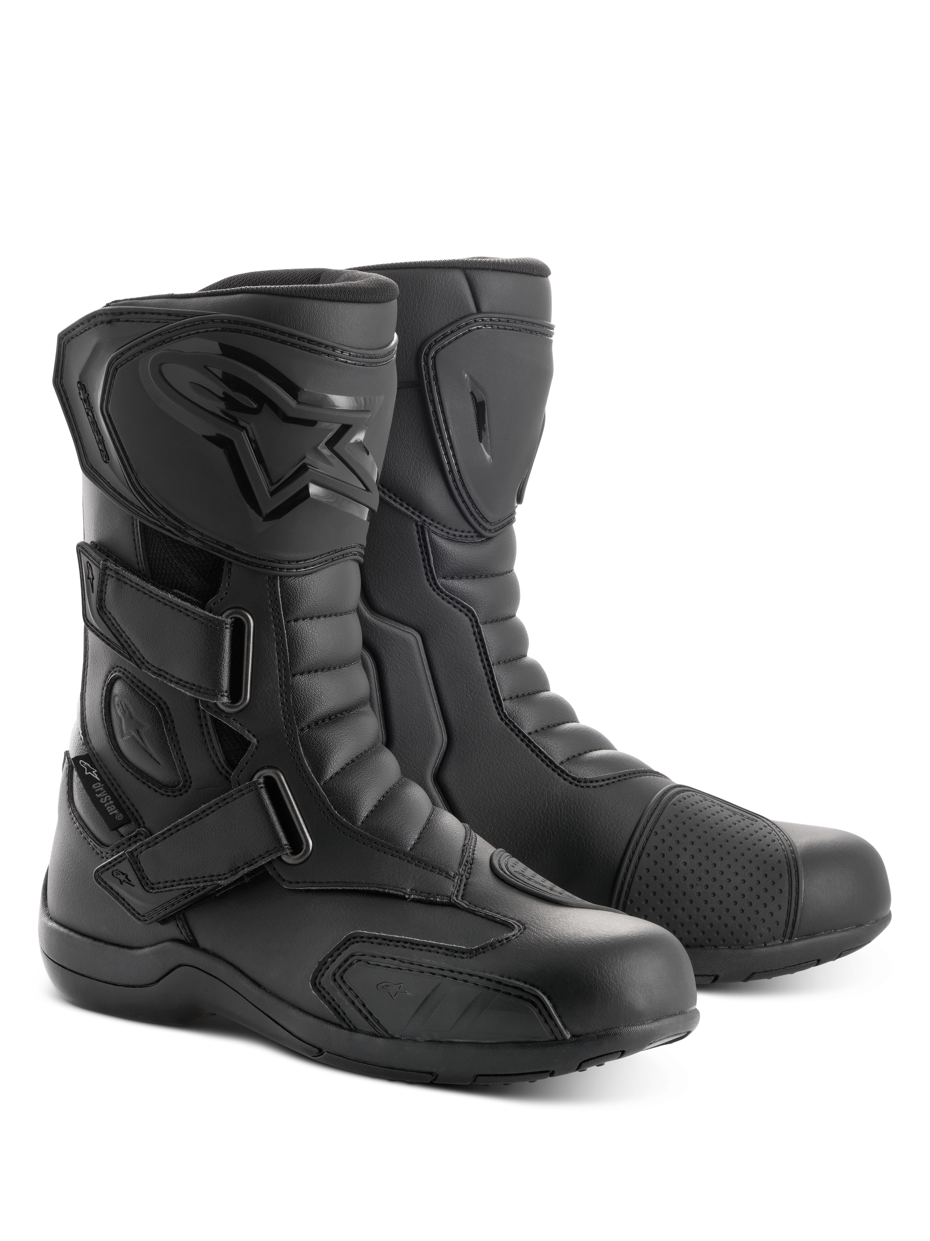 Alpinestars Radon Drystar® Boots, Motorcycle Touring Boots, Black, featuring three adjustable hook-and-loop straps, TPU shin plate with embossed logo, and reinforced shift pad, durable microfiber construction for road and adventure riding