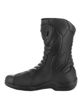 A pair of black Radon Drystar® Boots from Alpinestars EU with a sleek design, featuring reinforced ankles, shin plates, and adjustable straps. The boots boast a combination of smooth and textured leather panels along with a logo emblem on the outer side, providing both style and durable touring protection with 100% waterproofing.