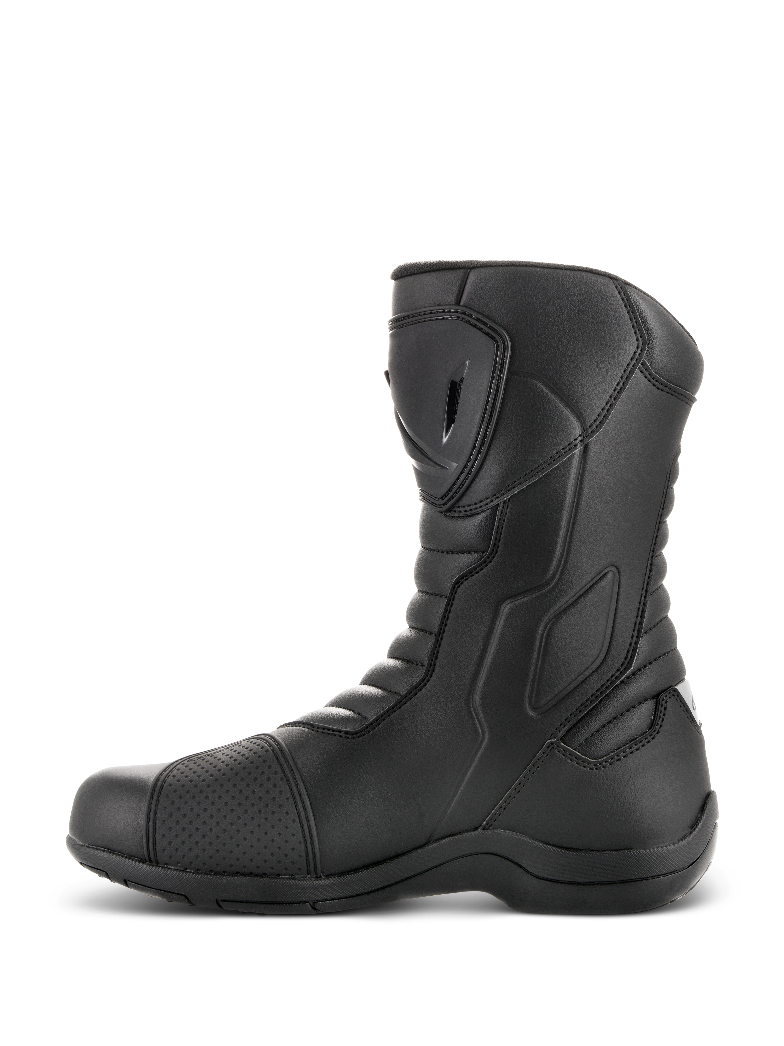 Alpinestars Radon Drystar® Boots, Motorcycle Touring Boots, Black, side profile view featuring TPU shin plate and shift pad, accordion flex zones, durable microfiber construction for adventure riding