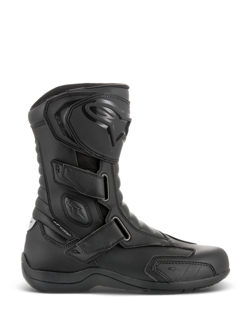 Alpinestars Radon Drystar® Boots, Black Waterproof Motorcycle Touring Boots, side profile view featuring three adjustable hook-and-loop straps, protective TPU shin plate with Alpinestars logo, reinforced ankle protection, and durable vulcanized sole.