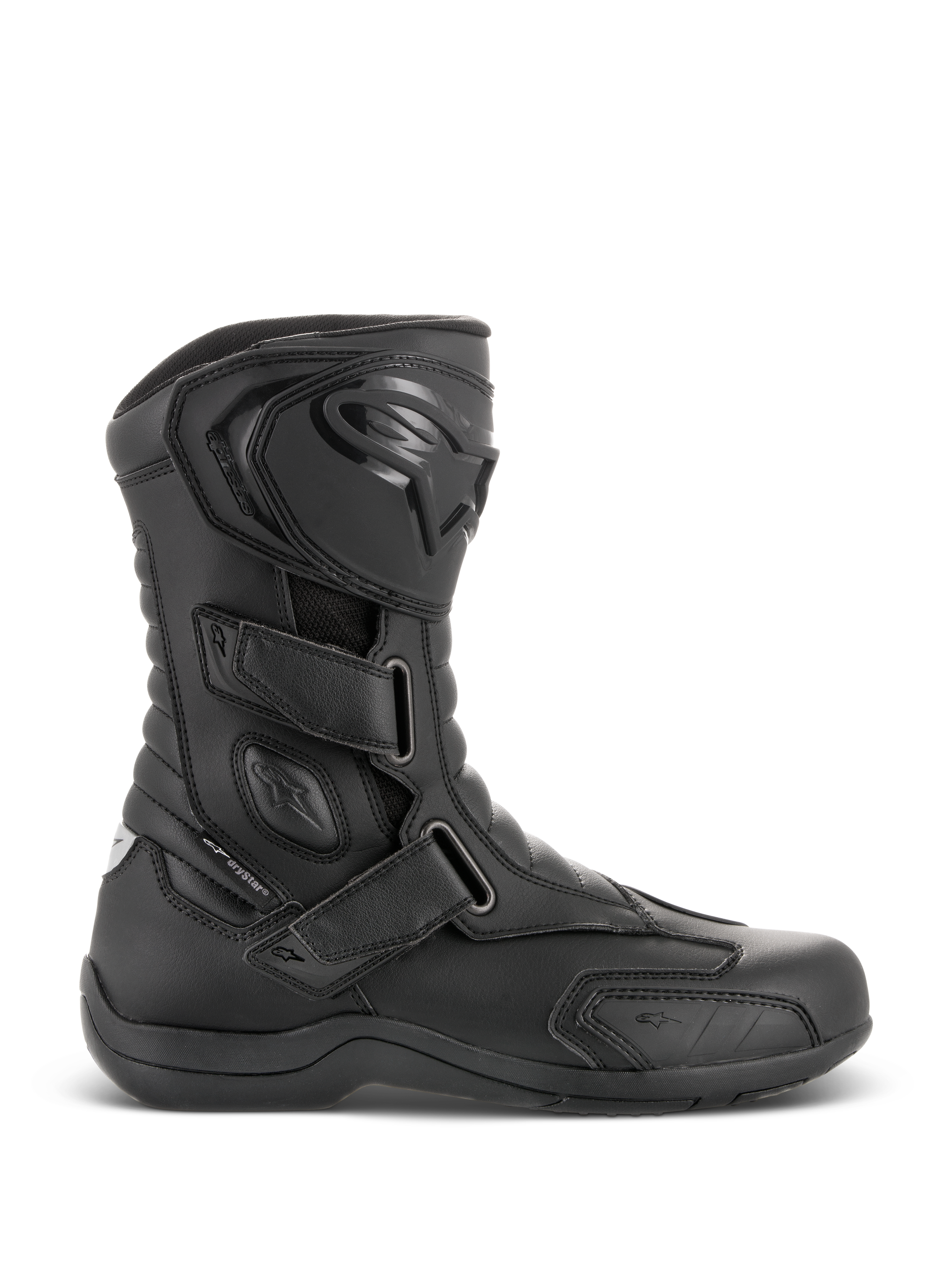 Alpinestars Radon Drystar® Stiefel, Schwarze wasserdichte Motorrad-Touringstiefel, Seitenansicht mit drei verstellbaren Klettverschlüssen, schützende TPU-Schienbeinplatte mit Alpinestars-Logo, verstärkter Knöchelschutz und strapazierfähige vulkanisierte Sohle.