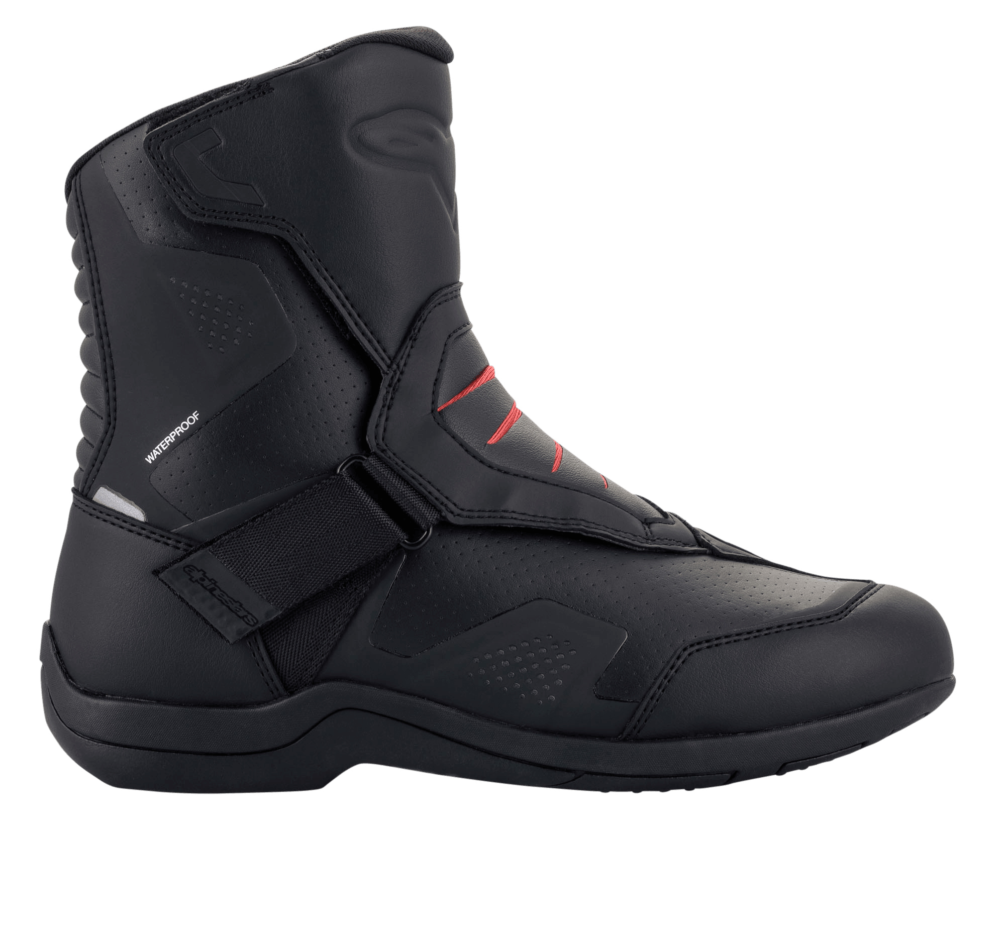 Alpinestars Ridge V2 Waterproof Boot, Motorrad-Tourenstiefel, Schwarz mit roten Akzenten, mittelhoher Schaft, Klettverschluss, perforierte Belüftungspaneele, verstärkter Fersen- und Zehenbereich, Synthetikleder-Konstruktion