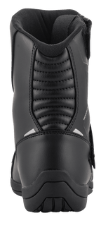 Alpinestars Ridge V2 Waterproof Boot, Tech Touring Motorcycle Boot, Black, rear view featuring padded accordion panel on the heel, durable microfiber construction, and waterproof branding
