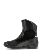 Alpinestars Women Stella Valencia Waterproof Boots, Black, side view, multi-panel design with leather and suede, front and rear accordion flex zones, low-cut motorcycle touring boot