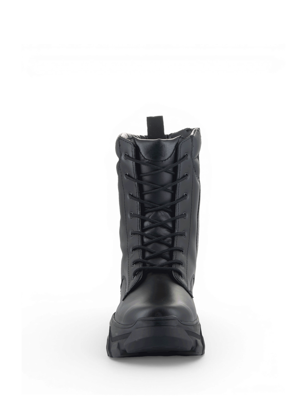 Alpinestars Ava Stiefel, Urban Motorradstiefel für Damen, Schwarz, aus Leder mit Frontschnürung und markanter erhöhter Sohle, Frontansicht.