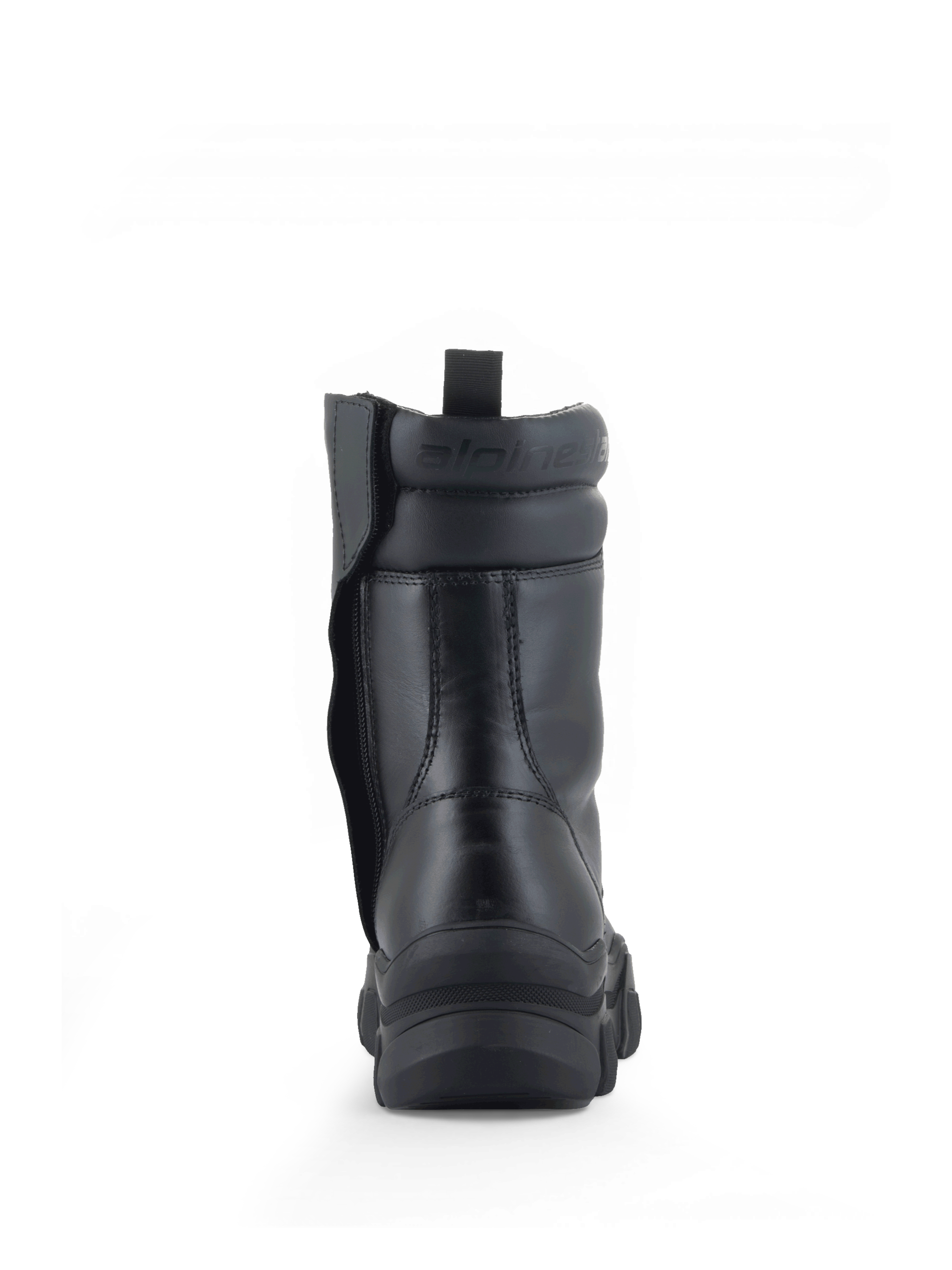 Alpinestars Ava Damen-Stiefel, Urban Motorradstiefel, Schwarz, Vollnarbenleder, Rückansicht mit erhöhter Sohle und Reißverschluss.