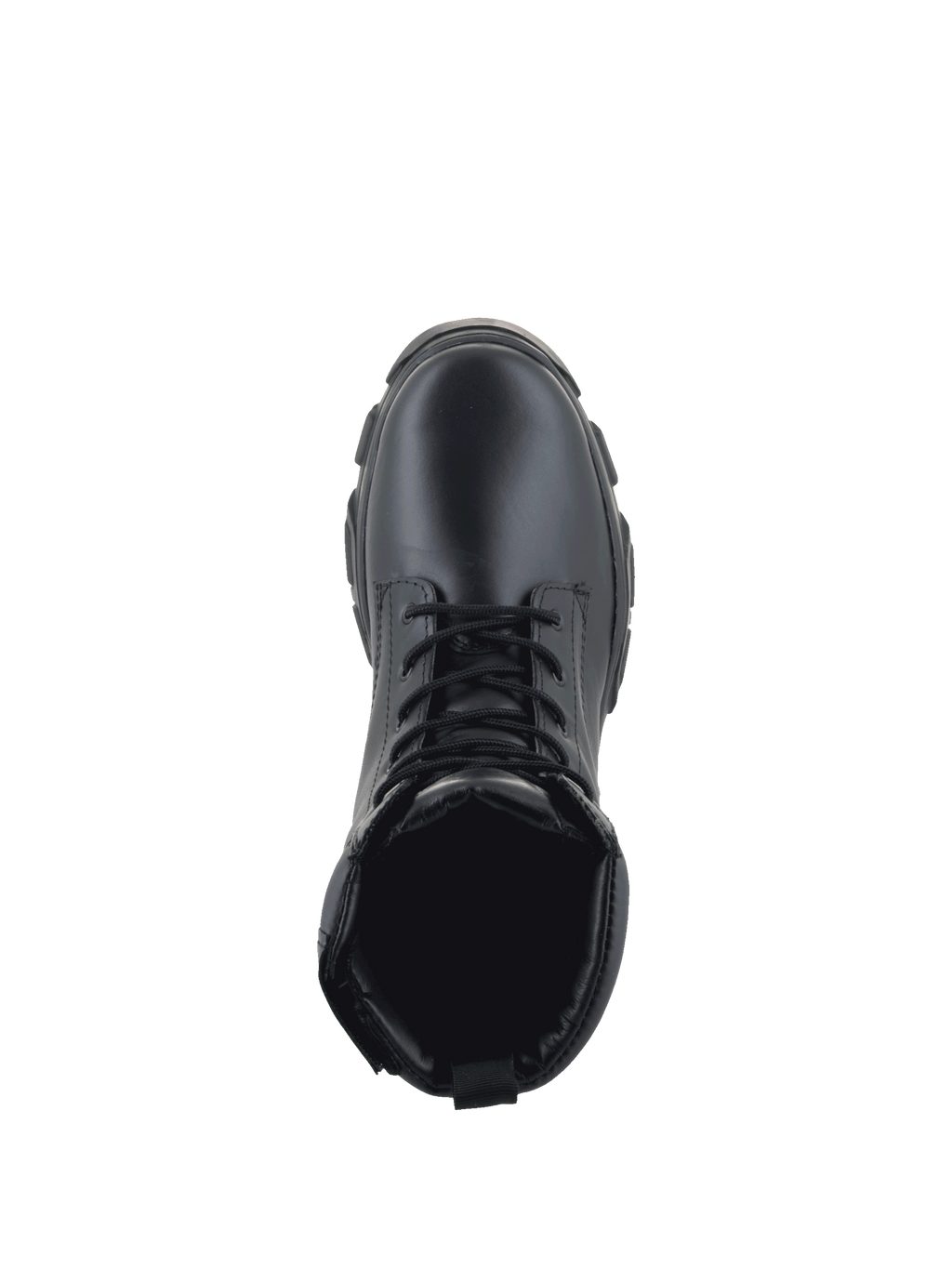 Alpinestars Ava Damen-Stiefel, schwarze Urban-Motorradstiefel aus Leder, Draufsicht mit Schnürung und robuster Gummisohle.