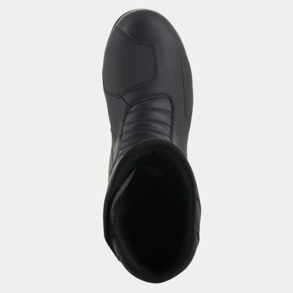 Alpinestars Origin Drystar® Boots, Black, Top-down view showing the synthetic shift pad and front accordion flex zone, durable microfiber construction, waterproof touring and adventure motorcycle footwear