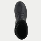 Alpinestars Origin Drystar® Boots, Black, Top-down view showing the synthetic shift pad and front accordion flex zone, durable microfiber construction, waterproof touring and adventure motorcycle footwear