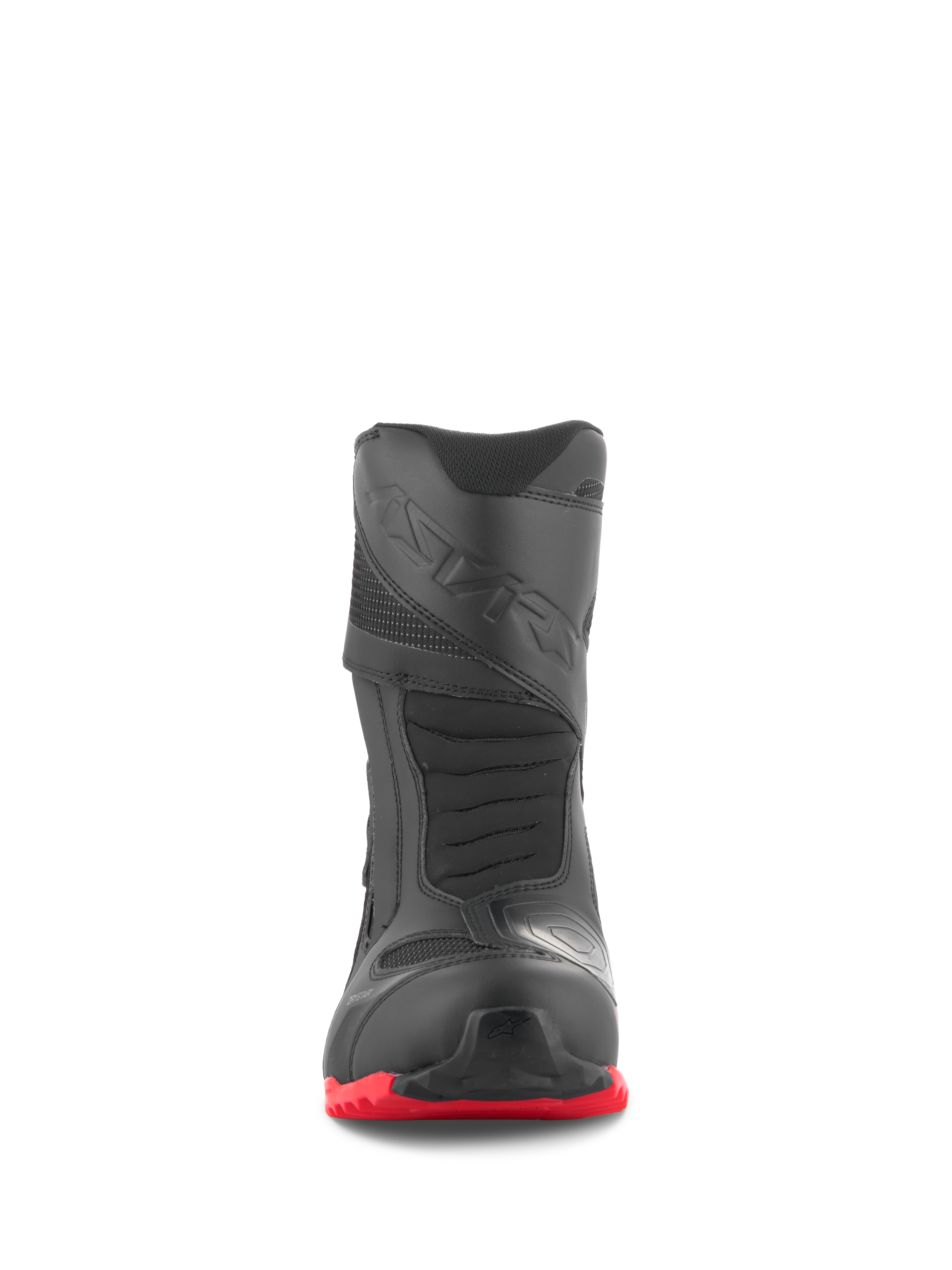 Alpinestars RT-7 Drystar® Stiefel, Motorrad-Tourenstiefel, Schwarz und Rot, Vorderansicht, mit verstärkter Zehenbox, 3D-Druck-Schaltpad und leuchtend roter Profilsohle, wasserdichtes Adventure-Fahrstiefel-Design.