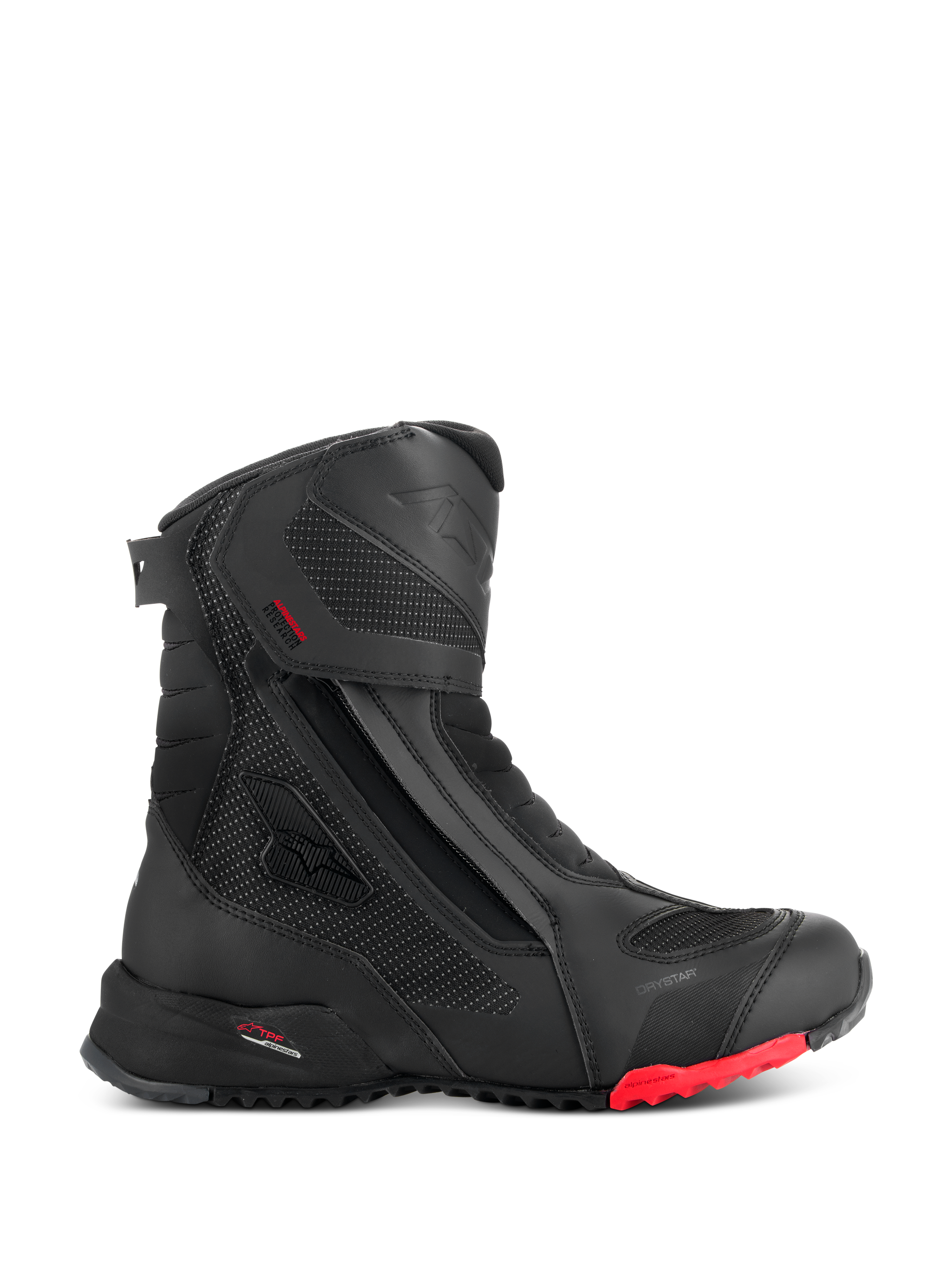 Alpinestars RT-7 Drystar Stiefel, Motorrad-Tourenstiefel, Schwarz mit rotem Sohlenakzent, wasserdicht und atmungsaktiv, Seitenprofil mit seitlichem Reißverschluss und Klettverschluss, texturierte Textileinsätze mit reflektierenden Punkten, robuste Profilsohle, fortschrittliche Synthetikkonstruktion