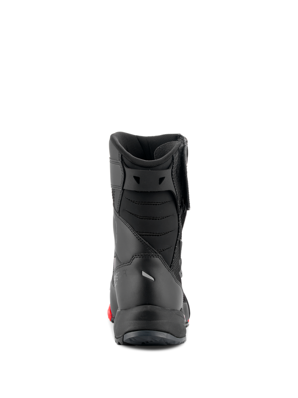 Alpinestars RT-7 Drystar® Stiefel, Motorrad-Tourenstiefel, Schwarz und Rot, Rückansicht mit gepolsterten Achilles-Balgfalten und schlanker Konstruktion, wasserdichtes Schutzschuhwerk für Straße und Adventure