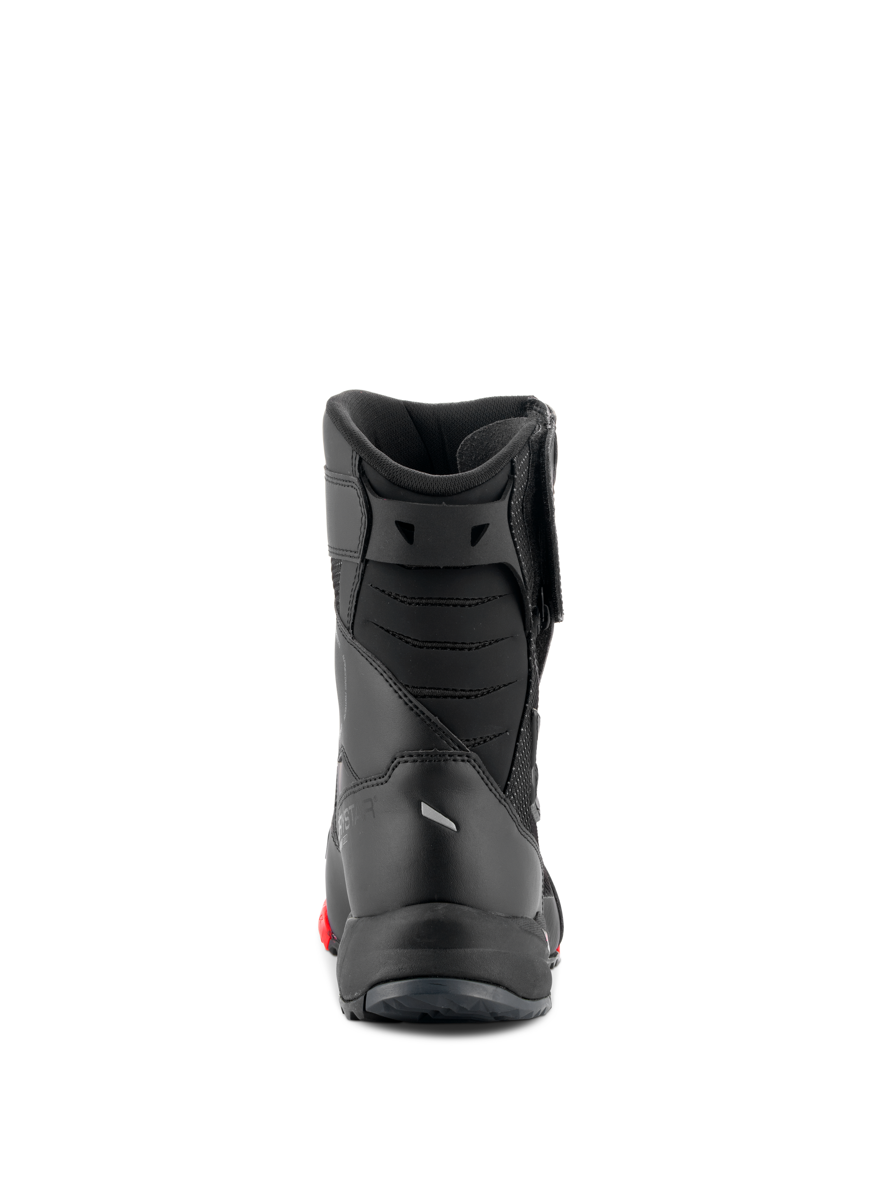 Alpinestars RT-7 Drystar® Stiefel, Motorrad-Tourenstiefel, Schwarz und Rot, Rückansicht mit gepolsterten Achilles-Balgfalten und schlanker Konstruktion, wasserdichtes Schutzschuhwerk für Straße und Adventure