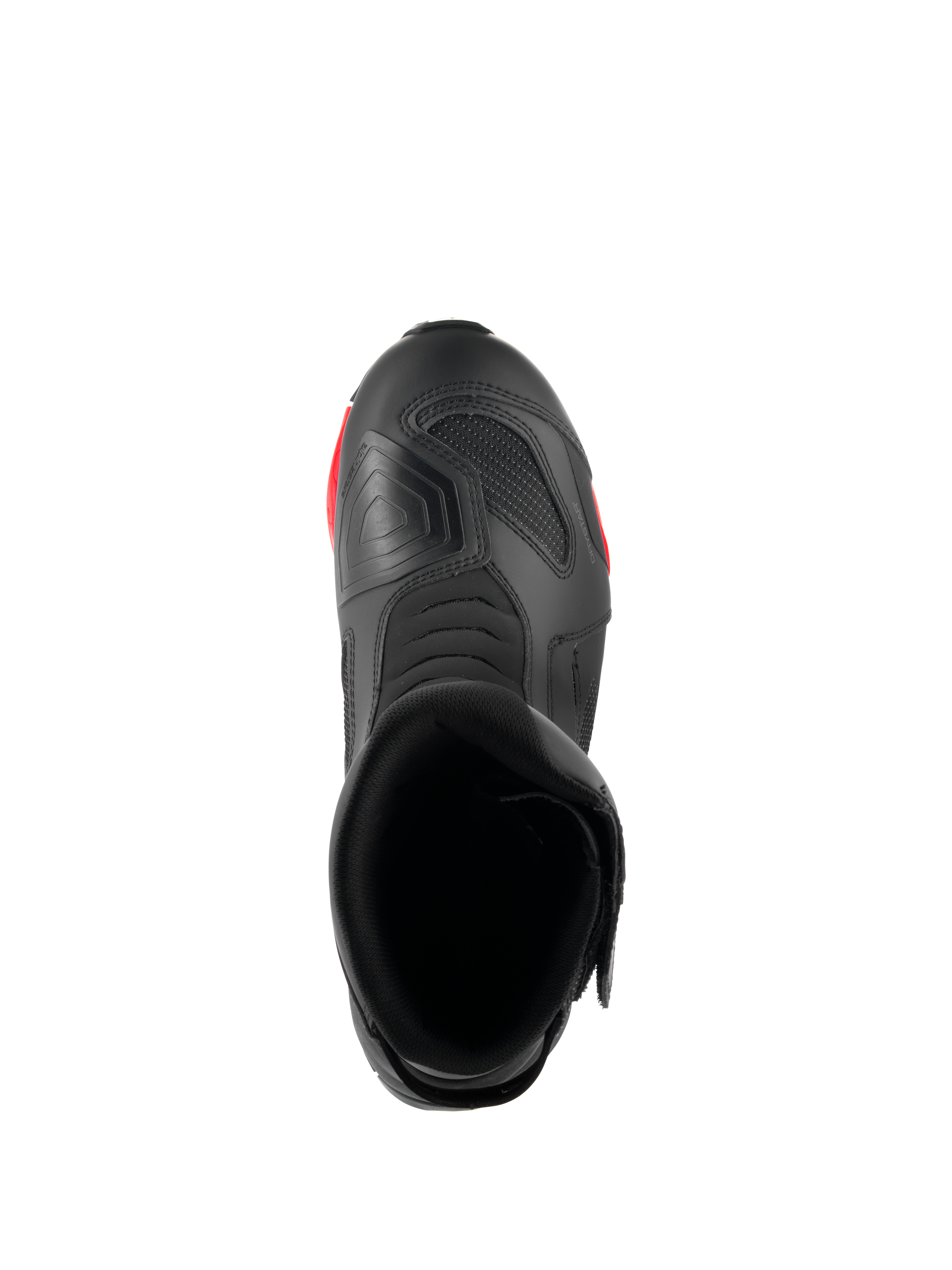 Alpinestars RT-7 Drystar® Stiefel, Motorrad-Tourenstiefel, Schwarz und Rot, Draufsicht mit Blick auf die Stiefelöffnung, das Innere und das strukturierte Schaltpolster im Zehenbereich