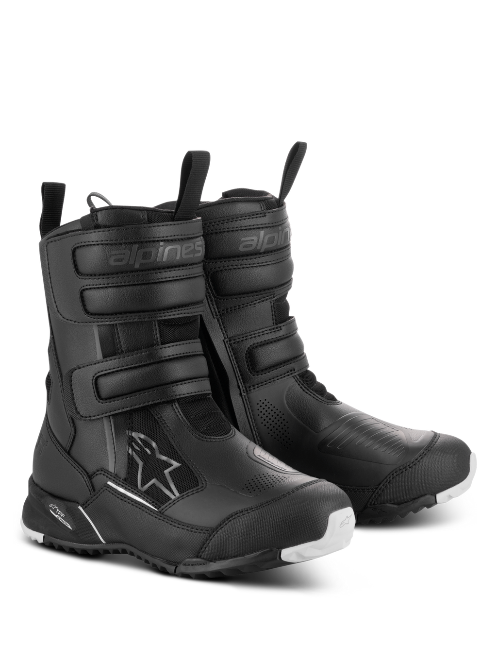 Alpinestars Damen Stella RT-7 Touring Drystar® Stiefel, Schwarz, wasserdichte Motorrad-Tourenstiefel mit dreifachen Klettverschlüssen, Doppelreißverschluss-Einstieg und einer robusten Außensohle mit weißen Akzenten.