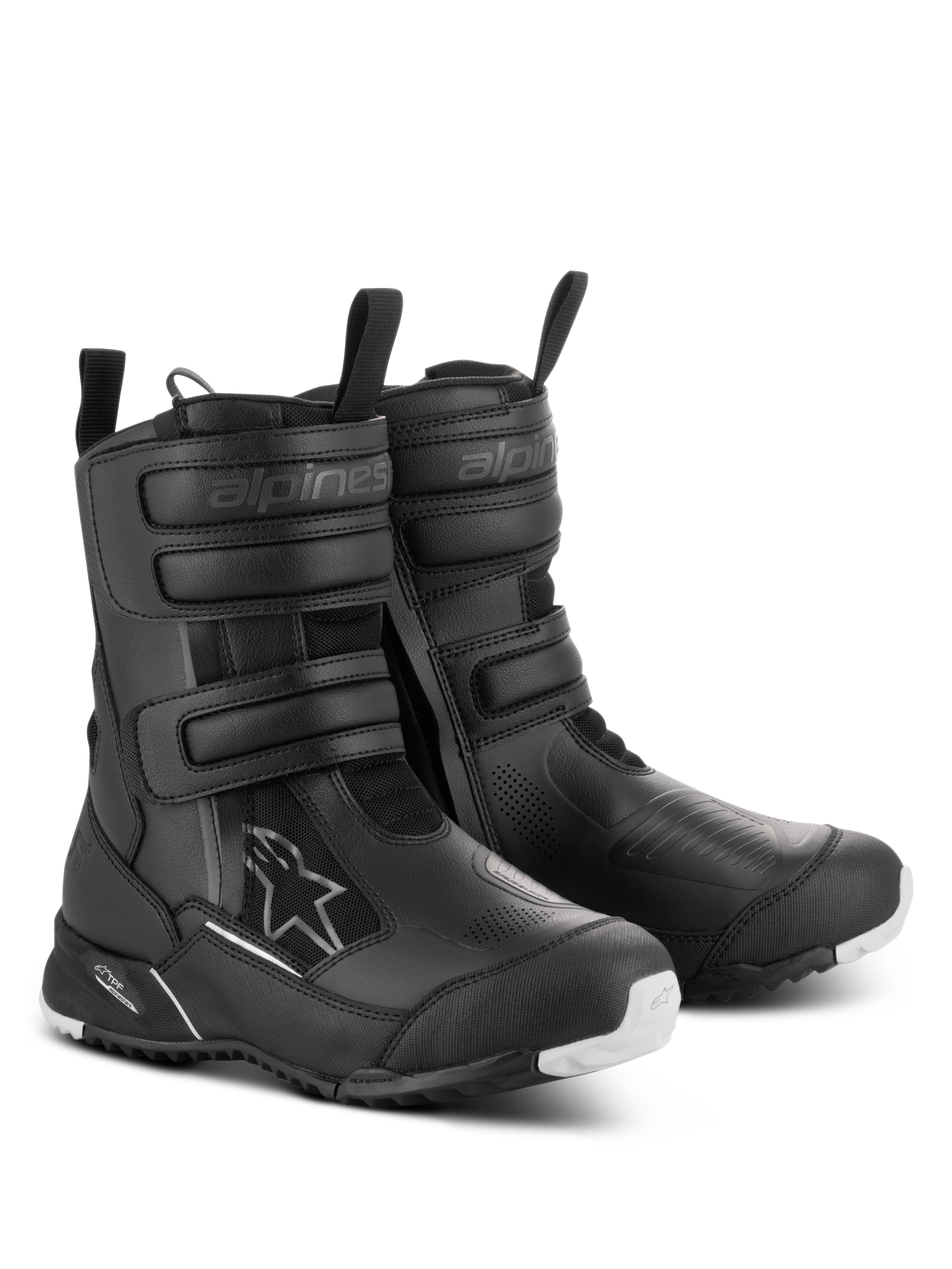 Alpinestars Damen Stella RT-7 Touring Drystar® Stiefel, Schwarz, wasserdichte Motorrad-Tourenstiefel mit dreifachen Klettverschlüssen, Doppelreißverschluss-Einstieg und einer robusten Außensohle mit weißen Akzenten.