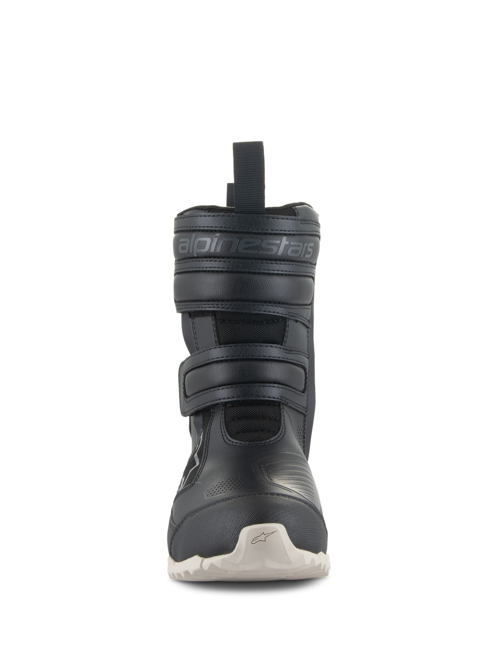 Alpinestars Stella RT-7 Touring Drystar® Stiefel, Damen-Motorrad-Tourenstiefel, Schwarz, Vorderansicht mit zwei Klettverschlüssen, geprägtem Alpinestars-Branding, technischem Mikrofaser-Obermaterial und hellfarbiger Profilsohle