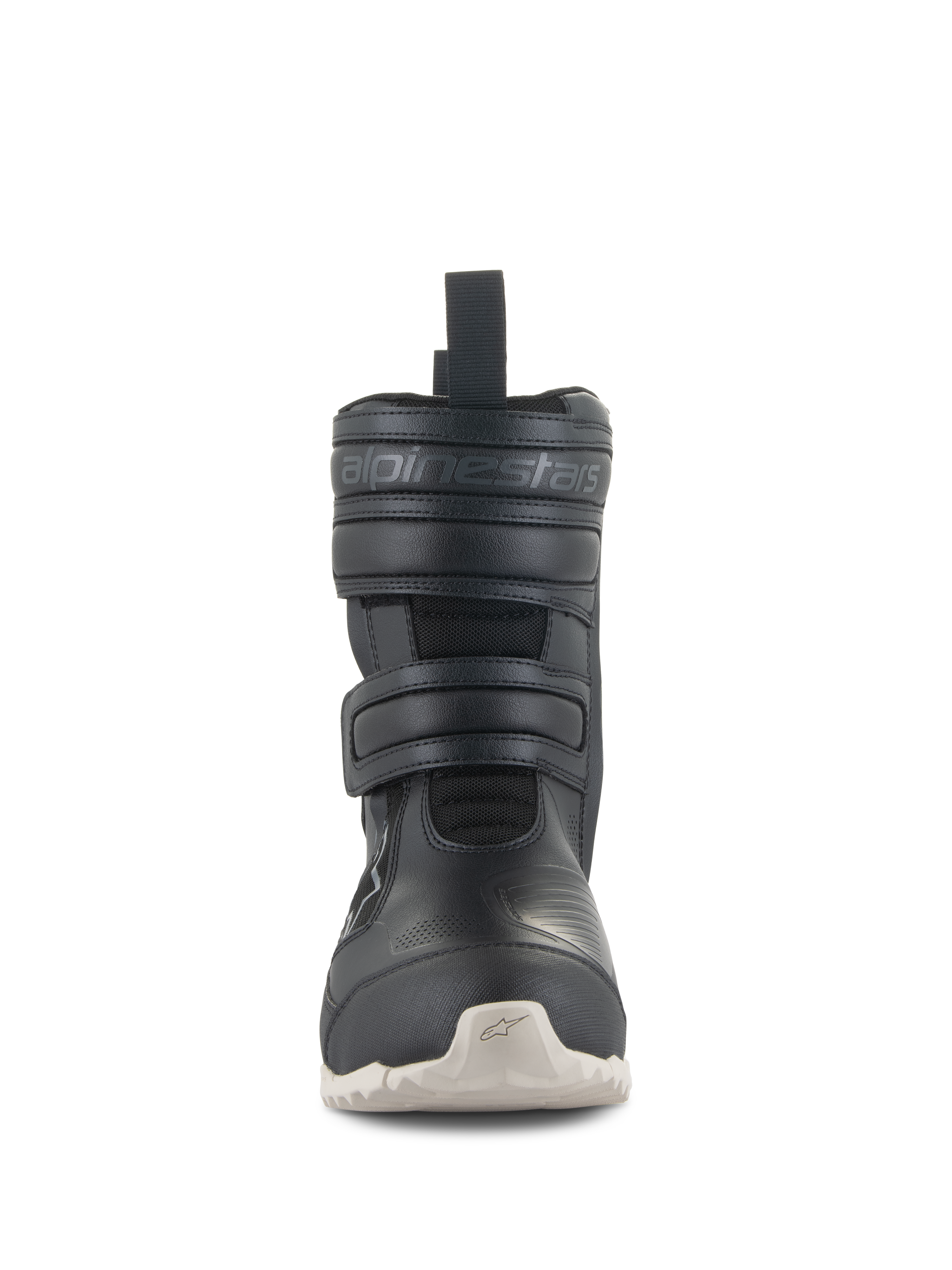 Alpinestars Stella RT-7 Touring Drystar® Stiefel, Damen-Motorrad-Tourenstiefel, Schwarz, Vorderansicht mit zwei Klettverschlüssen, geprägtem Alpinestars-Branding, technischem Mikrofaser-Obermaterial und hellfarbiger Profilsohle