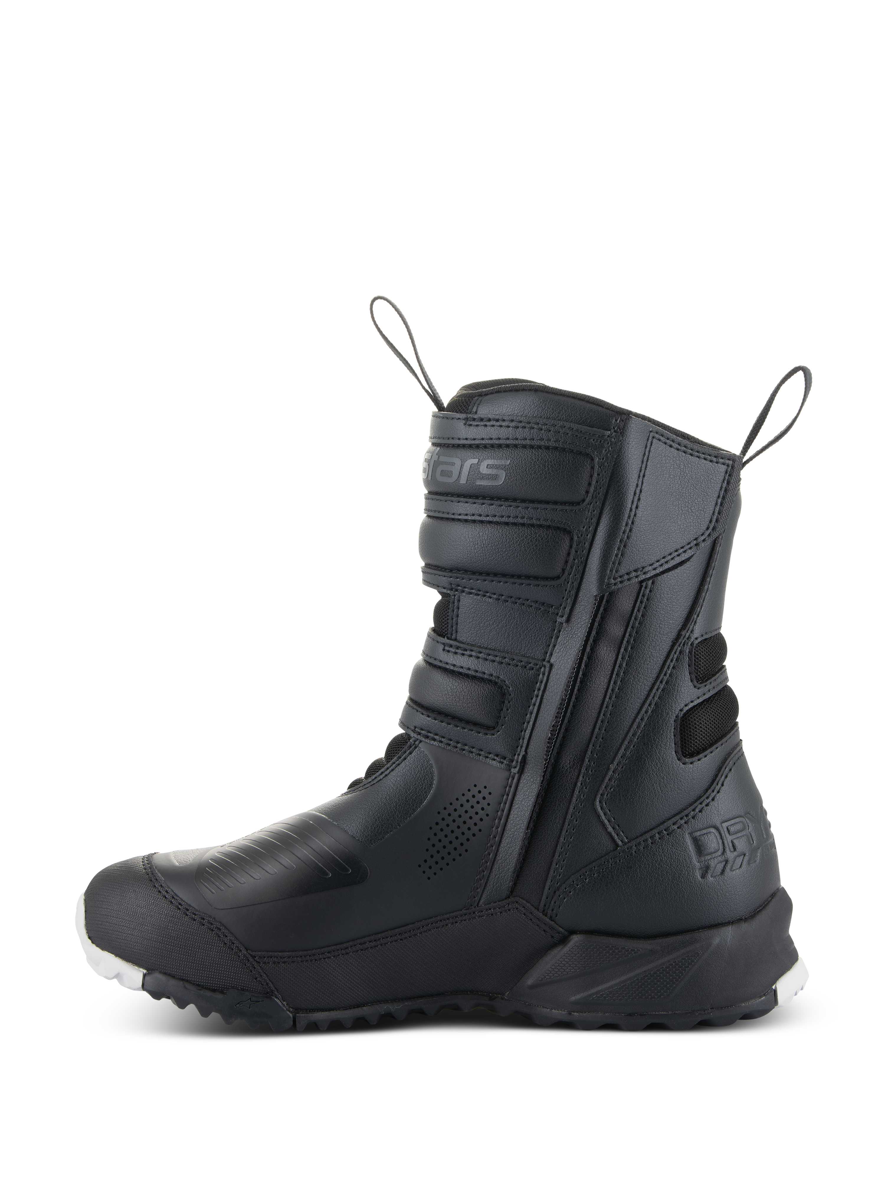 Alpinestars Stella RT-7 Touring Drystar® Damenstiefel, Motorrad-Tourenstiefel für Damen, Schwarz, Seitenansicht mit Doppelreißverschluss-Einstieg, Klettverschluss-Riemen, verstärkten Schutzzonen und robuster Sohle für Adventure-Fahrten