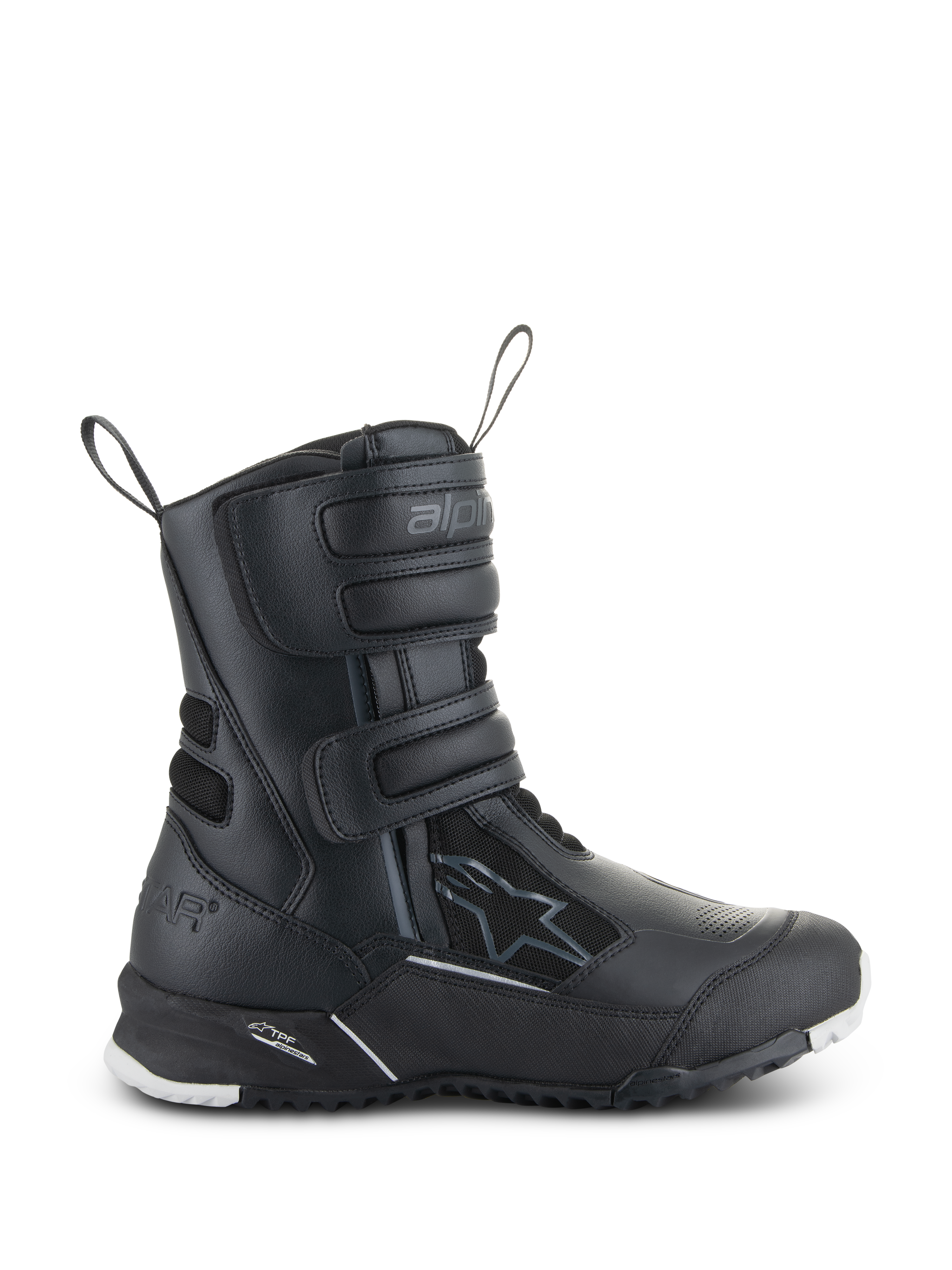 Alpinestars Stella RT-7 Touring Drystar Damen-Motorradstiefel, schwarze Tourenstiefel, Seitenansicht mit drei Klettverschlüssen, wasserdichtes Obermaterial aus Mikrofaser und Textil, verstärkte Ferse mit Stern-Logo, strapazierfähige Profilsohle mit weißen Akzenten