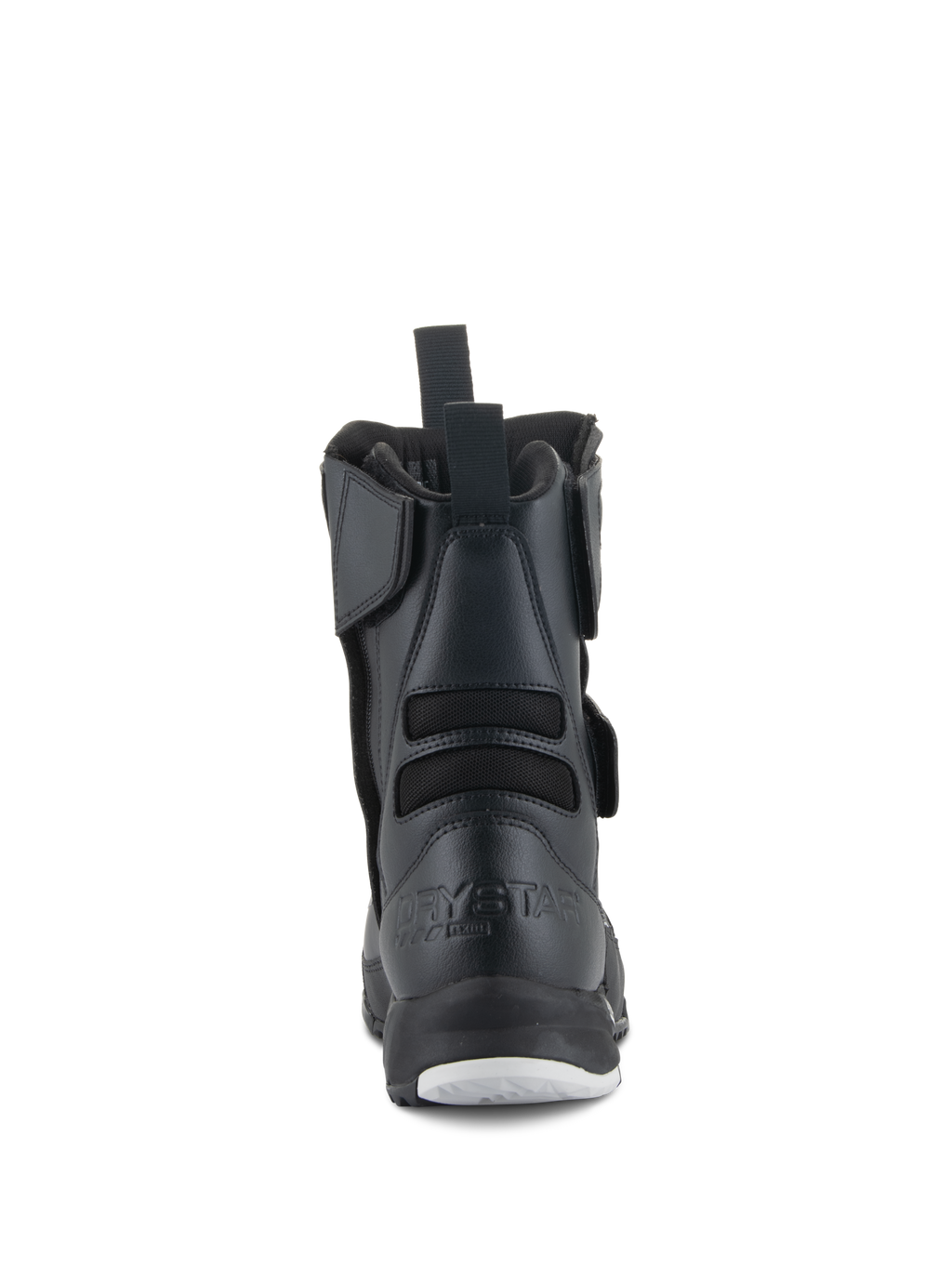 Alpinestars Stella RT-7 Touring Drystar® Damenstiefel, Motorradstiefel für Damen, Schwarz, Rückansicht mit geprägtem Drystar-Branding an der Ferse, hinterer Anziehschlaufe und flexiblen Textil-Faltenbälgen für verbesserte Bewegungsfreiheit.