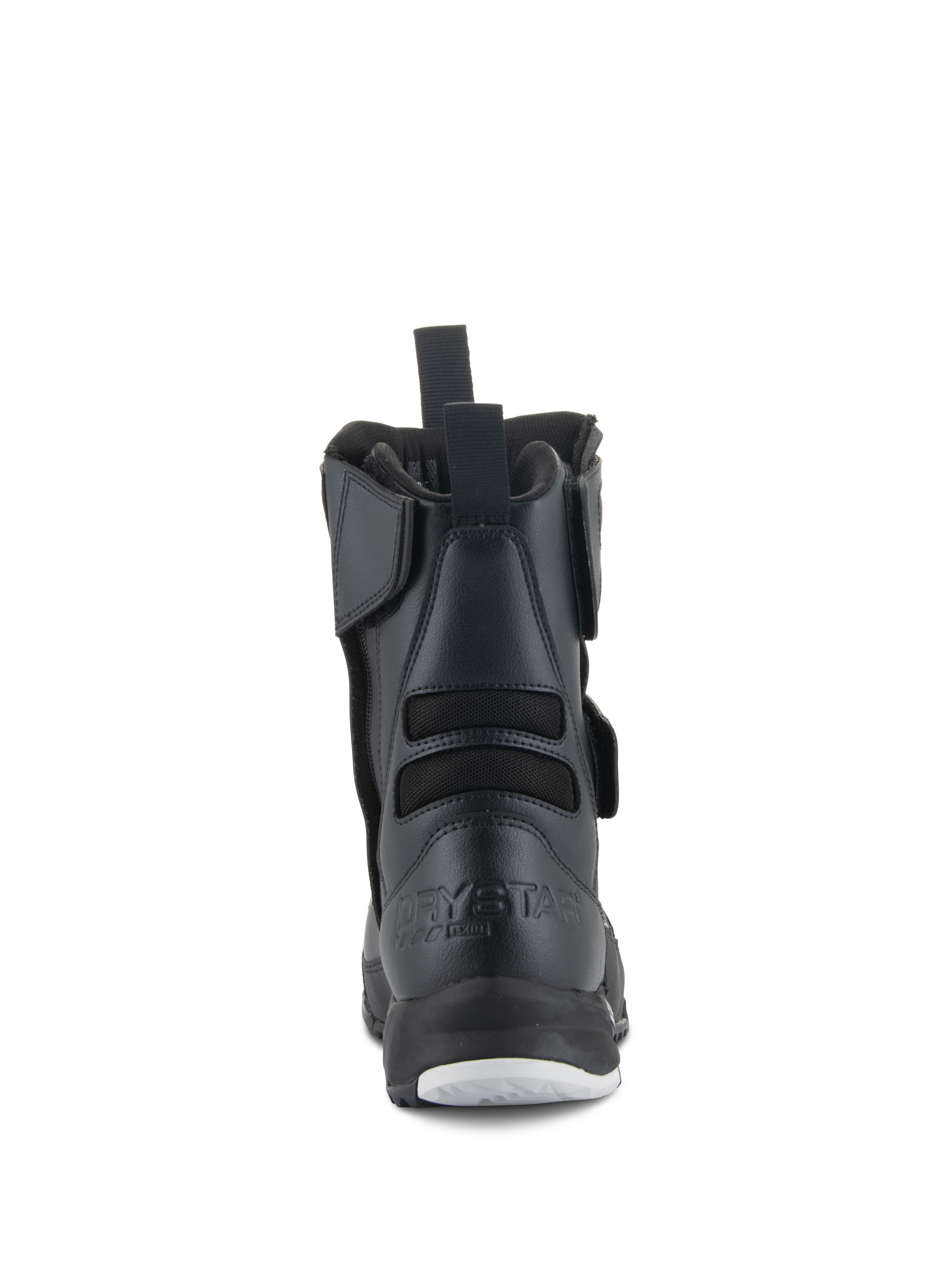 Alpinestars Stella RT-7 Touring Drystar® Damenstiefel, Motorradstiefel für Damen, Schwarz, Rückansicht mit geprägtem Drystar-Branding an der Ferse, hinterer Anziehschlaufe und flexiblen Textil-Faltenbälgen für verbesserte Bewegungsfreiheit.