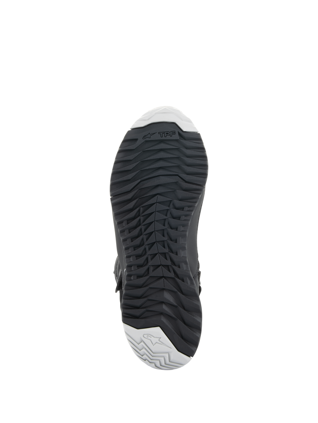 Alpinestars Damen Stella RT-7 Touring Drystar® Stiefel, Schwarz, Unteransicht mit strapazierfähiger Gummiaußensohle, robustem Stollenprofil für Grip, TPF (Transversal Protection Frame) Branding und hellgrauen Akzenten an Zehen und Ferse.