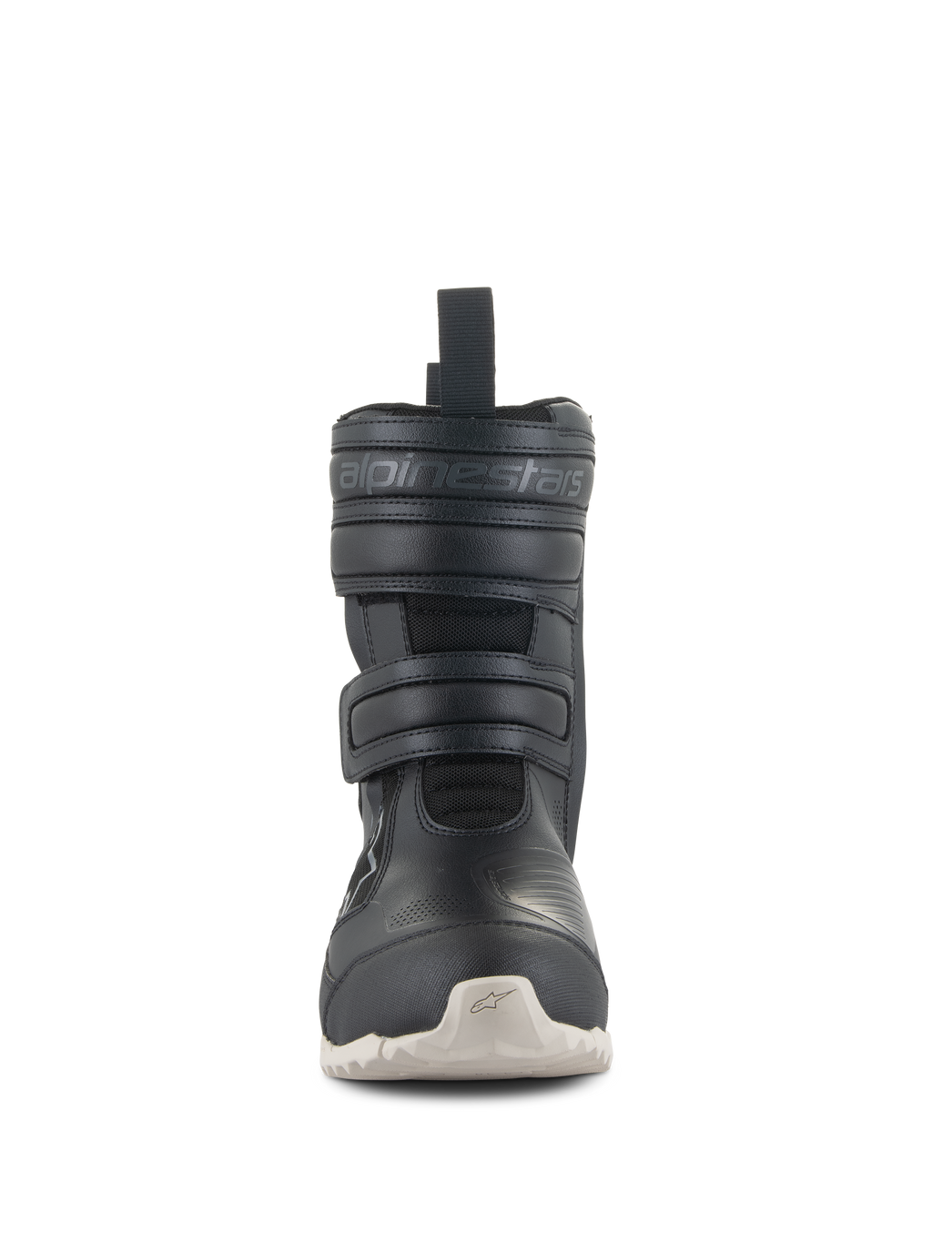 Alpinestars Stella RT-7 Touring Drystar® Damenstiefel, schwarze Motorrad-Tourenstiefel mit weißer Sohle, Frontansicht mit doppeltem Klettverschluss und geprägtem Alpinestars-Logo, technisches Design für Straßen- und Adventure-Fahrten