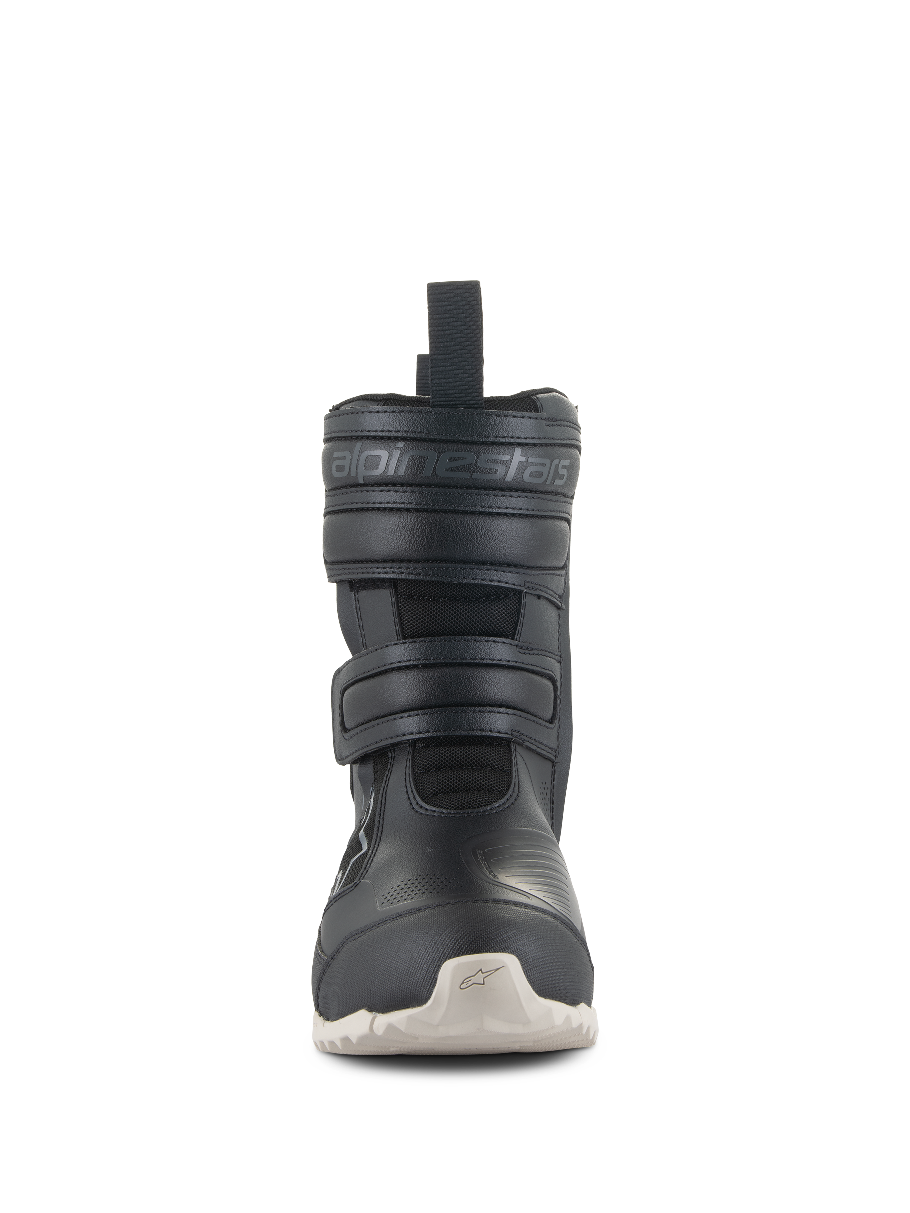 Alpinestars Stella RT-7 Touring Drystar® Damenstiefel, schwarze Motorrad-Tourenstiefel mit weißer Sohle, Frontansicht mit doppeltem Klettverschluss und geprägtem Alpinestars-Logo, technisches Design für Straßen- und Adventure-Fahrten