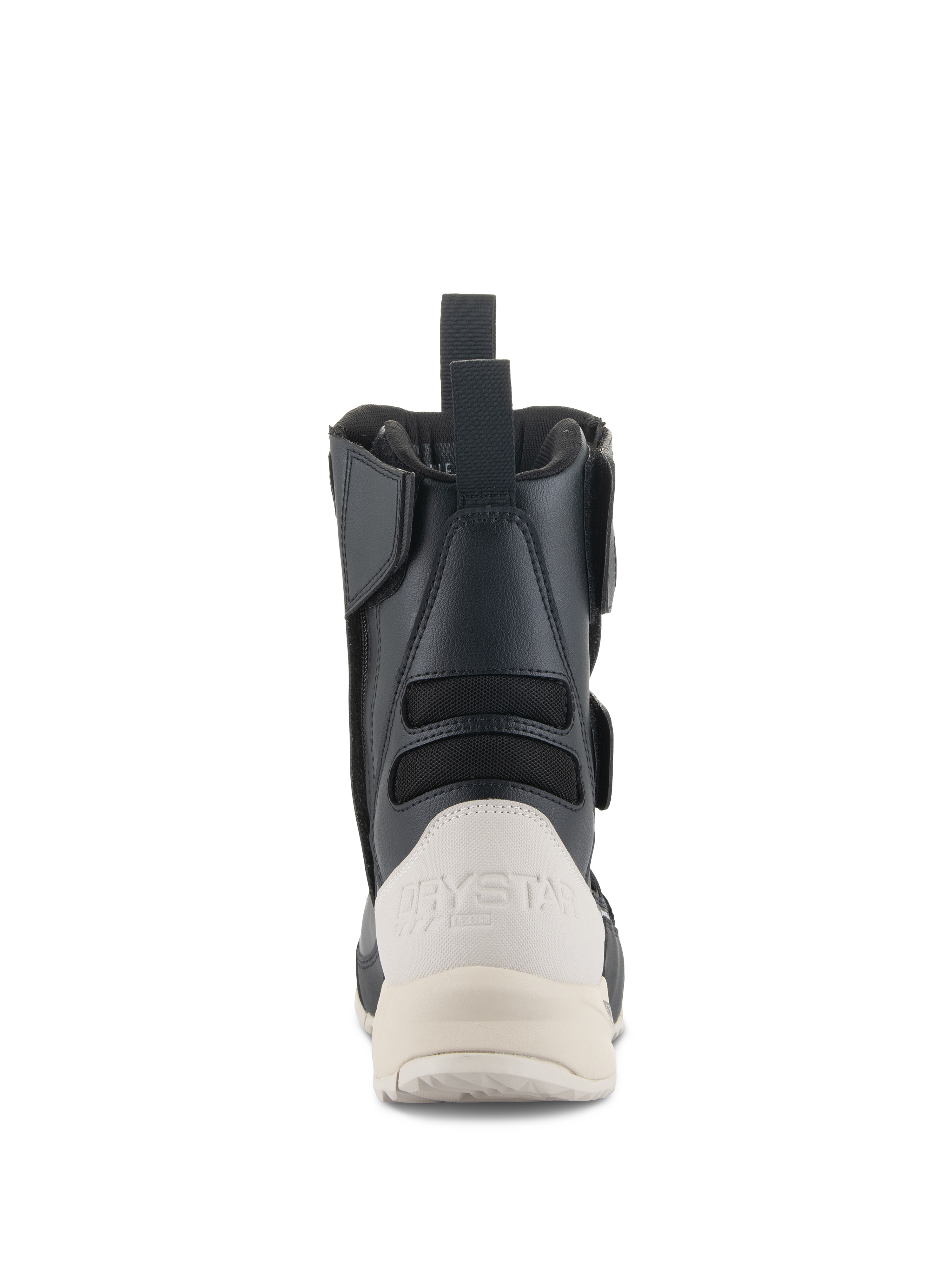 Alpinestars Stella RT-7 Touring Drystar® Damen-Stiefel, Rückansicht, Schwarz und Weiß, mit weißer verstärkter Fersenkappe inklusive Drystar-Branding, hinterer Anziehhilfe und Akkordeon-Textilpaneelen für erhöhte Flexibilität.