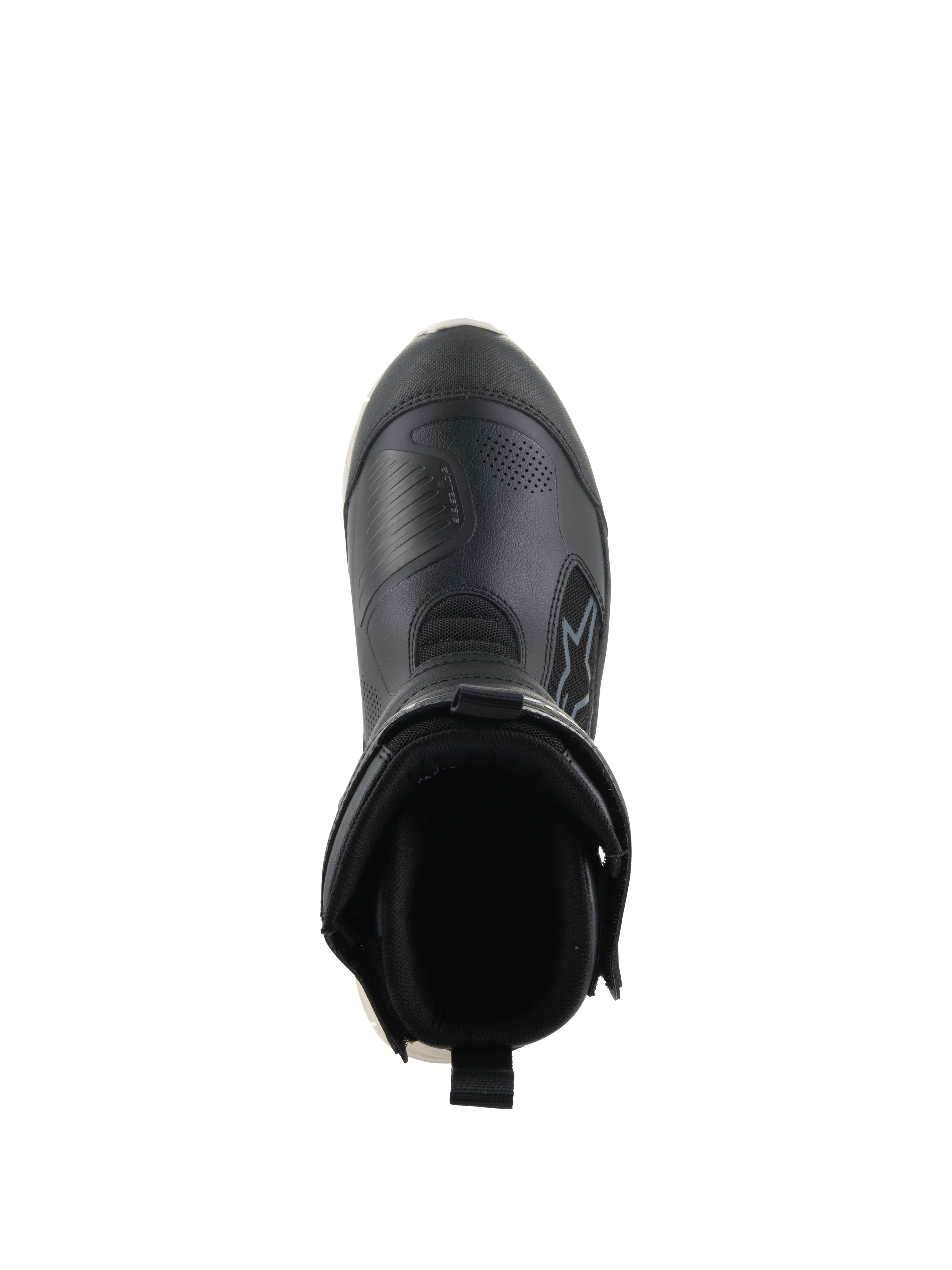 Alpinestars Stella RT-7 Touring Drystar® Stiefel, Motorrad-Tourenstiefel für Damen, Schwarz und Weiß, Draufsicht mit Blick in die Stiefelöffnung, mit gepolstertem Kragen, hinterer Zuglasche und strapazierfähigem Mikrofaser-Obermaterial mit Alpinestars-Branding.