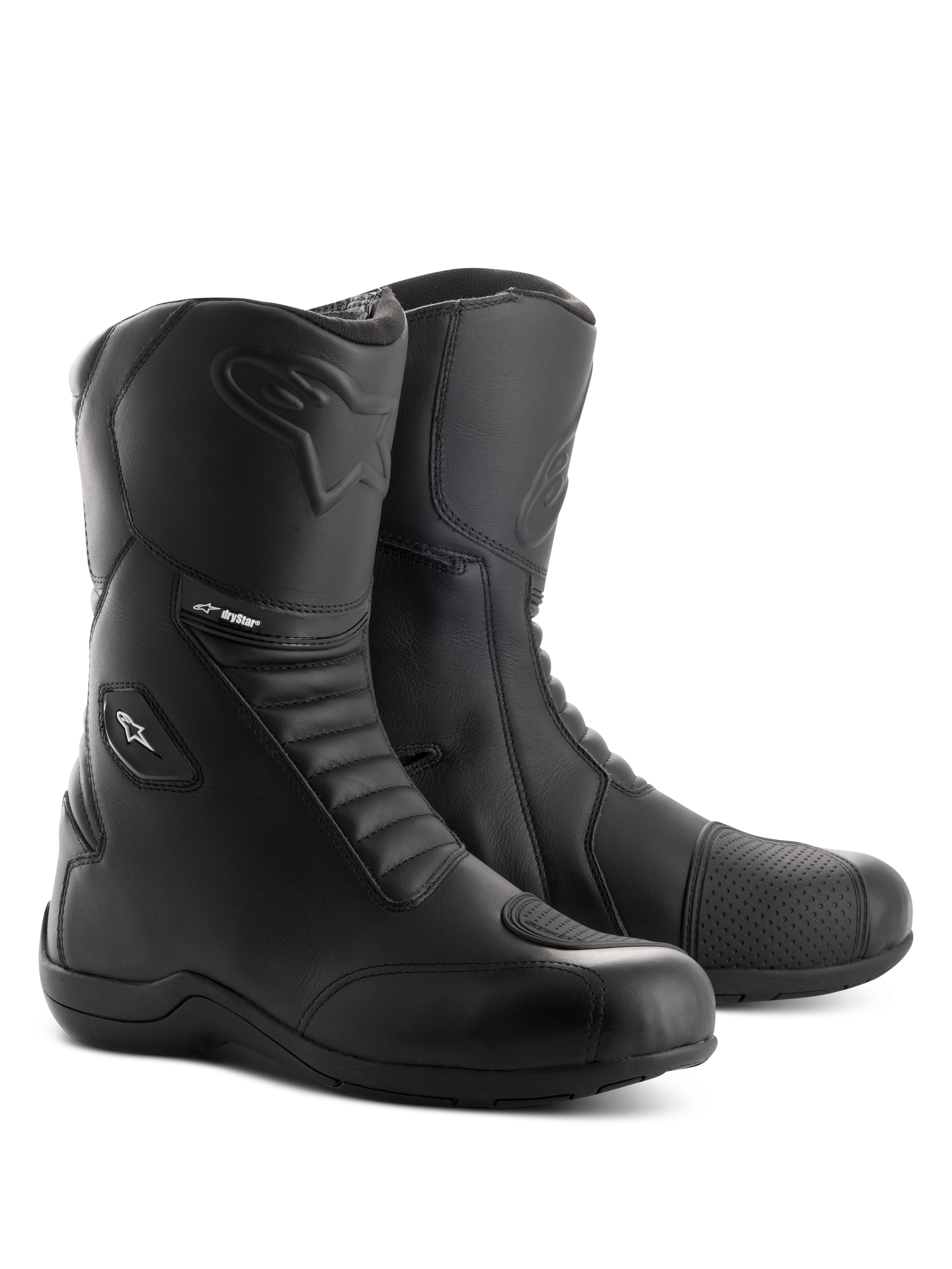 Alpinestars Andes V2 Drystar Stiefel, schwarze Motorrad-Tourenstiefel, wasserfeste Lederkonstruktion mit Akkordeon-Flex-Einsätzen vorne und hinten, seitlicher Reißverschluss mit Abdeckung, geprägtes Alpinestars-Logo und Drystar-Branding, strapazierfähiges Schuhwerk für Straßen- und Adventure-Fahrten.