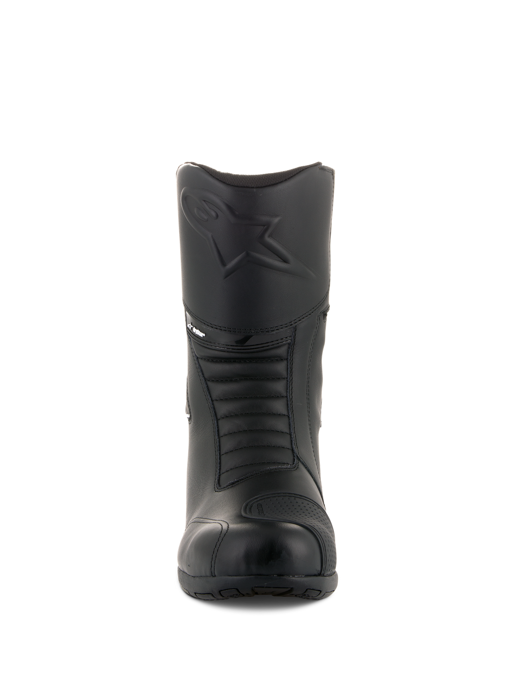 Alpinestars Andes V2 Drystar® Stiefel, Schwarze Touren-Motorradstiefel, Vorderansicht mit geprägtem Alpinestars-Logo auf dem Schienbein, Akkordeon-Flexzonen für mehr Bewegungsfreiheit, Lederkonstruktion mit strukturiertem Schaltkissen