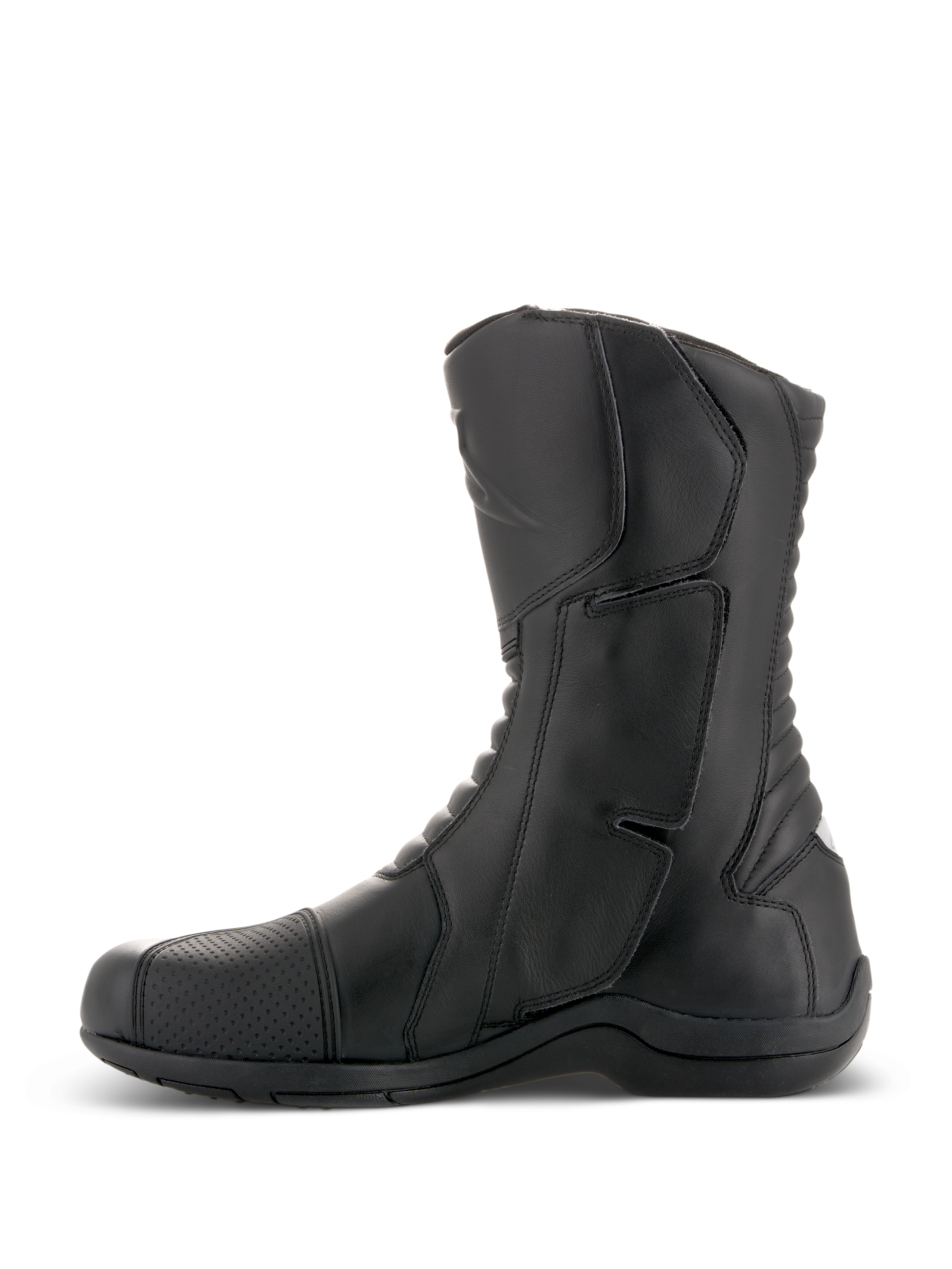 Alpinestars Andes V2 Drystar® Stiefel, Schwarze Motorrad-Tourenstiefel, Seitenansicht, wasserdichte Lederkonstruktion mit verstärktem Schienbeinschutz und Akkordeon-Flex-Einsätzen, Adventure-Fahrbekleidung