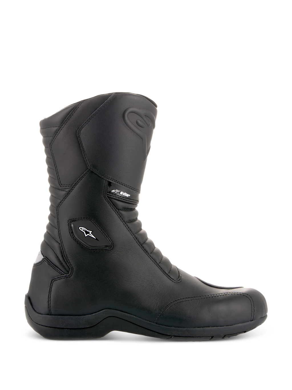 Alpinestars Andes V2 Drystar Stiefel, Schwarze Motorrad-Tourenstiefel, Hoher Schaft, Wasserdichte Lederkonstruktion, Akkordeon-Flex-Einsätze vorne und hinten, Weißes Stern-Logo und Drystar-Branding, Robuste schwarze Sohle, Verstärkter Knöchel- und Zehenschutz