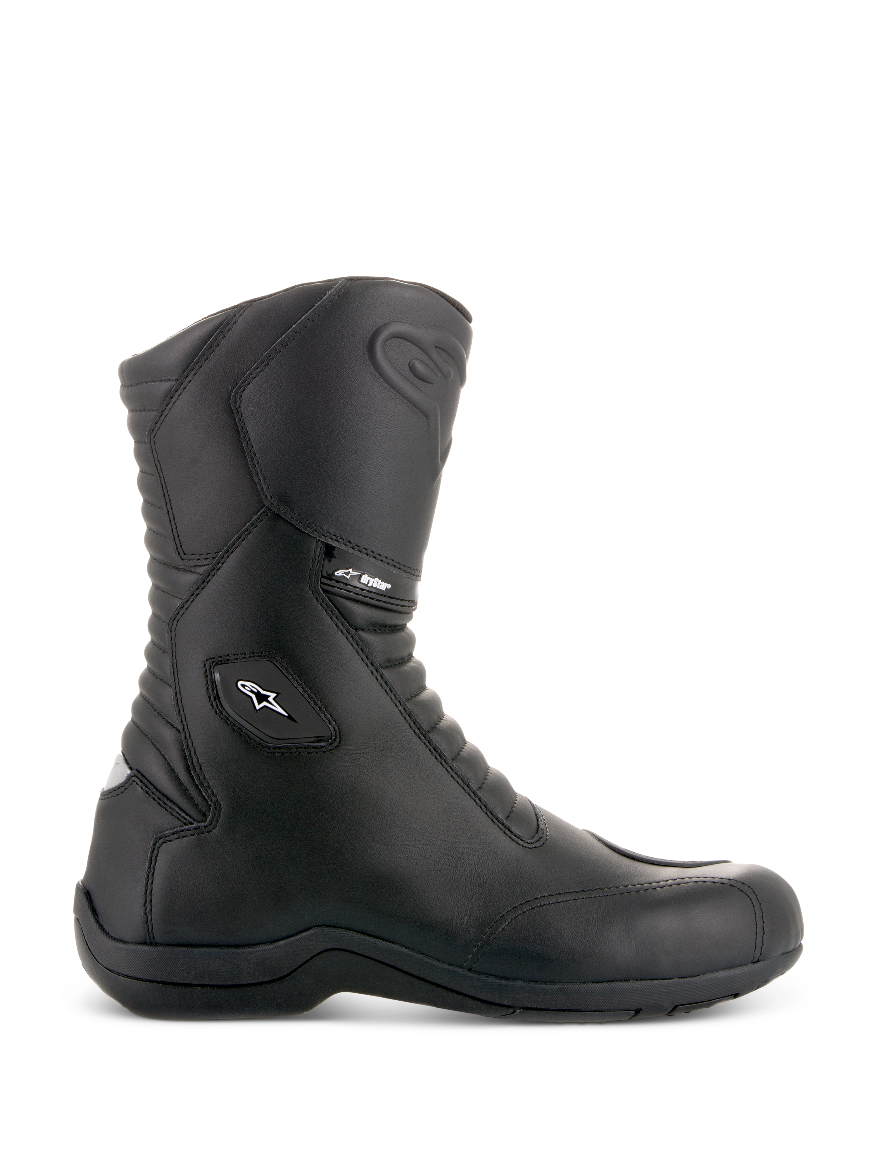 Alpinestars Andes V2 Drystar Stiefel, Schwarze Motorrad-Tourenstiefel, Hoher Schaft, Wasserdichte Lederkonstruktion, Akkordeon-Flex-Einsätze vorne und hinten, Weißes Stern-Logo und Drystar-Branding, Robuste schwarze Sohle, Verstärkter Knöchel- und Zehenschutz