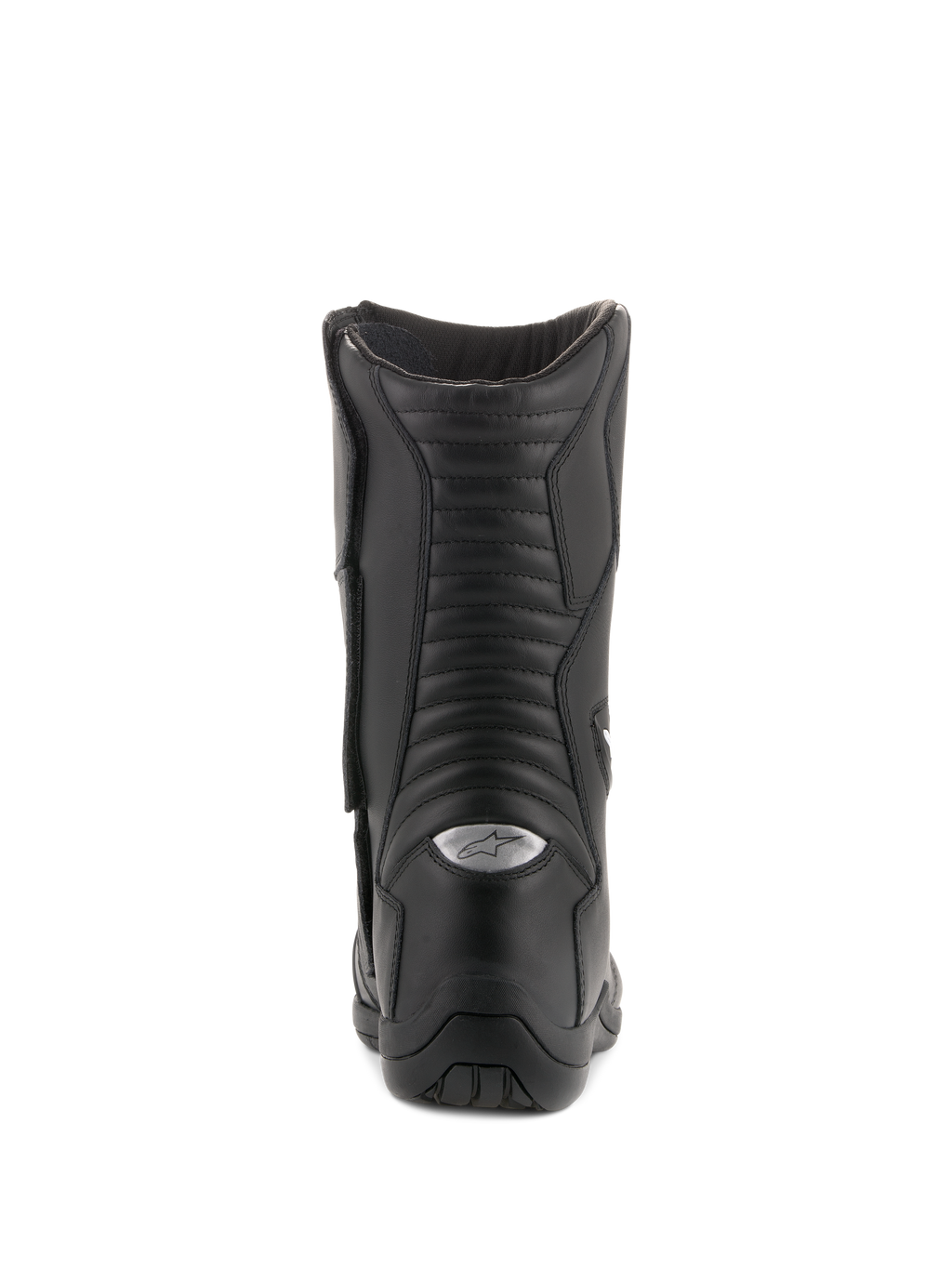 Alpinestars Andes V2 Drystar Stiefel, Wasserdichte Tourenstiefel, Schwarz, Rückansicht mit Fokus auf Akkordeon-Leder-Flex-Panels und silbernem reflektierendem A-Star-Logo an der Ferse, strapazierfähiges Motorrad-Schuhwerk für Adventure-Fahrten