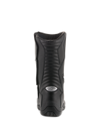 Alpinestars Andes V2 Drystar Stiefel, Wasserdichte Tourenstiefel, Schwarz, Rückansicht mit Fokus auf Akkordeon-Leder-Flex-Panels und silbernem reflektierendem A-Star-Logo an der Ferse, strapazierfähiges Motorrad-Schuhwerk für Adventure-Fahrten