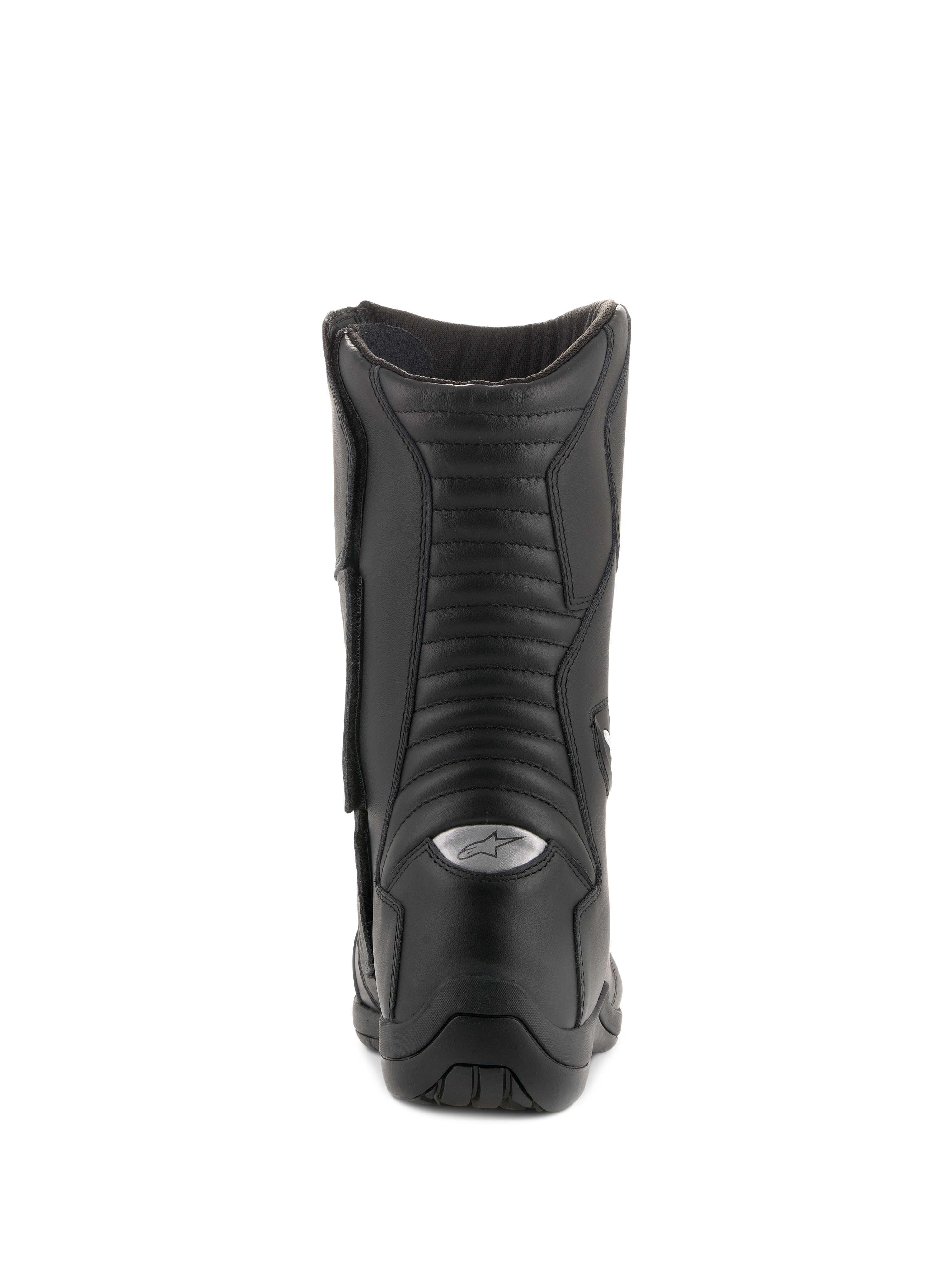 Alpinestars Andes V2 Drystar Stiefel, Wasserdichte Tourenstiefel, Schwarz, Rückansicht mit Fokus auf Akkordeon-Leder-Flex-Panels und silbernem reflektierendem A-Star-Logo an der Ferse, strapazierfähiges Motorrad-Schuhwerk für Adventure-Fahrten