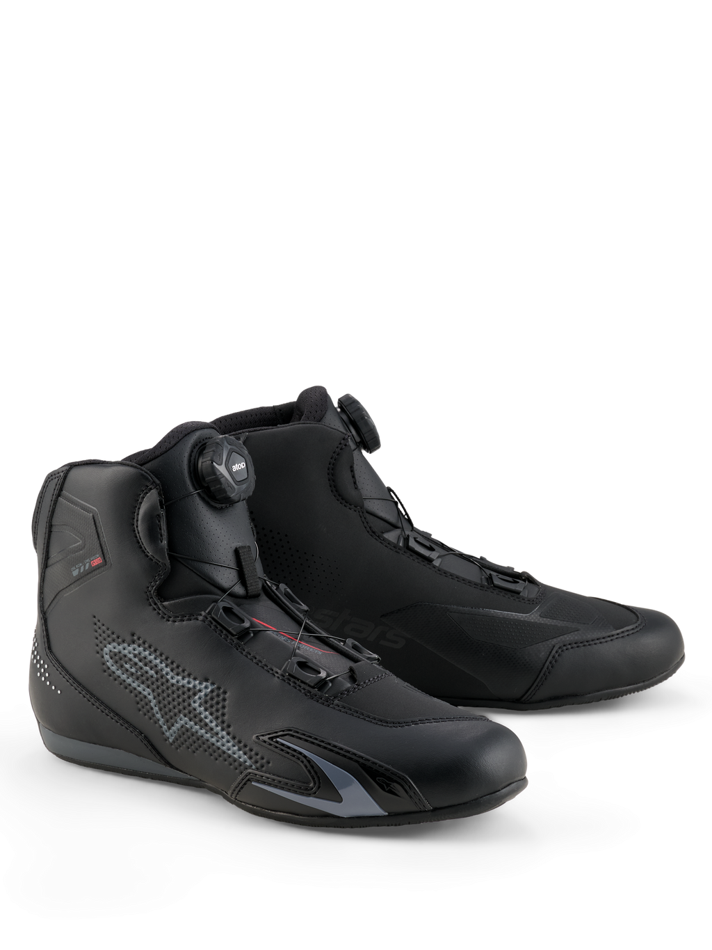 Alpinestars Celer Schuhe, Motorradschuhe, Schwarz und Dunkelgrau, mit integriertem Rotor-Verschlusssystem für präzise Passform, technische Mikrofaser-Konstruktion mit perforiertem Stern-Logo, flaches Sportdesign für Rennsport und Straßeneinsatz