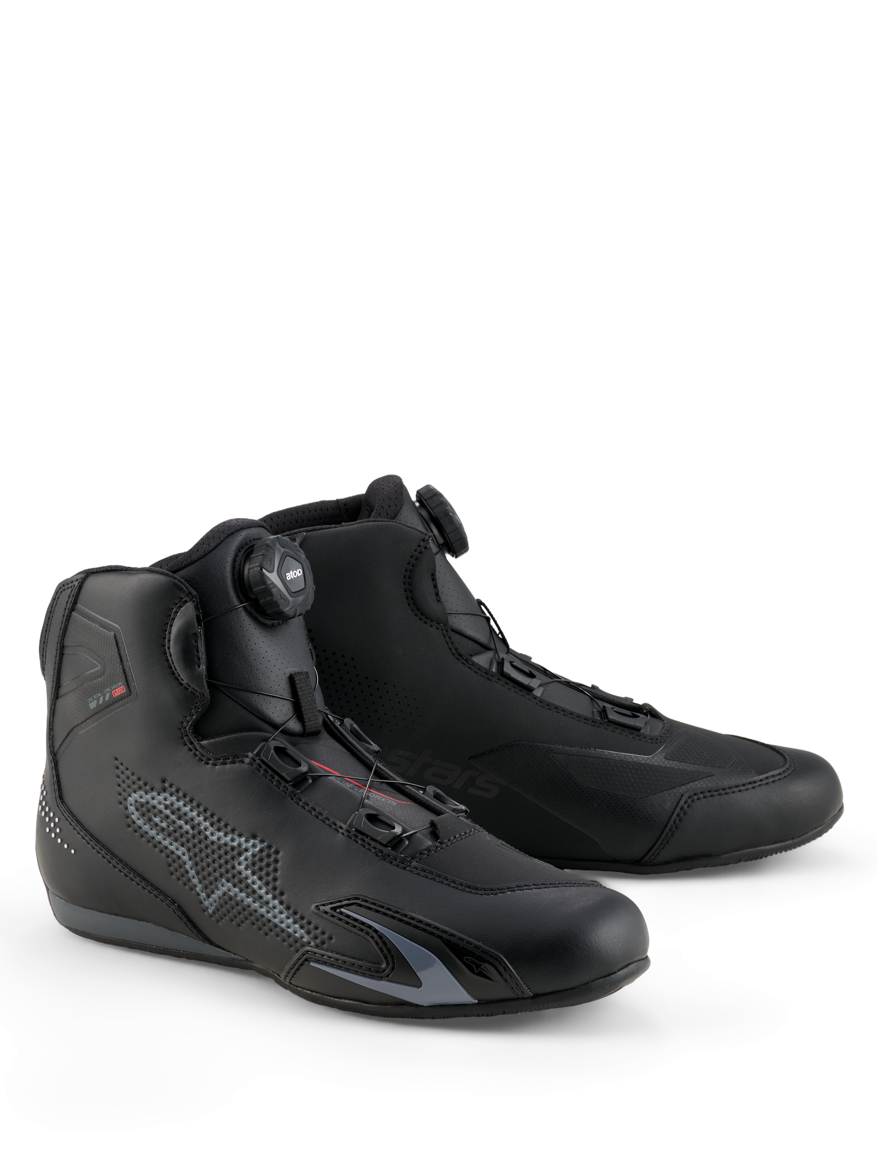 Alpinestars Celer Schuhe, Motorradschuhe, Schwarz und Dunkelgrau, mit integriertem Rotor-Verschlusssystem für präzise Passform, technische Mikrofaser-Konstruktion mit perforiertem Stern-Logo, flaches Sportdesign für Rennsport und Straßeneinsatz
