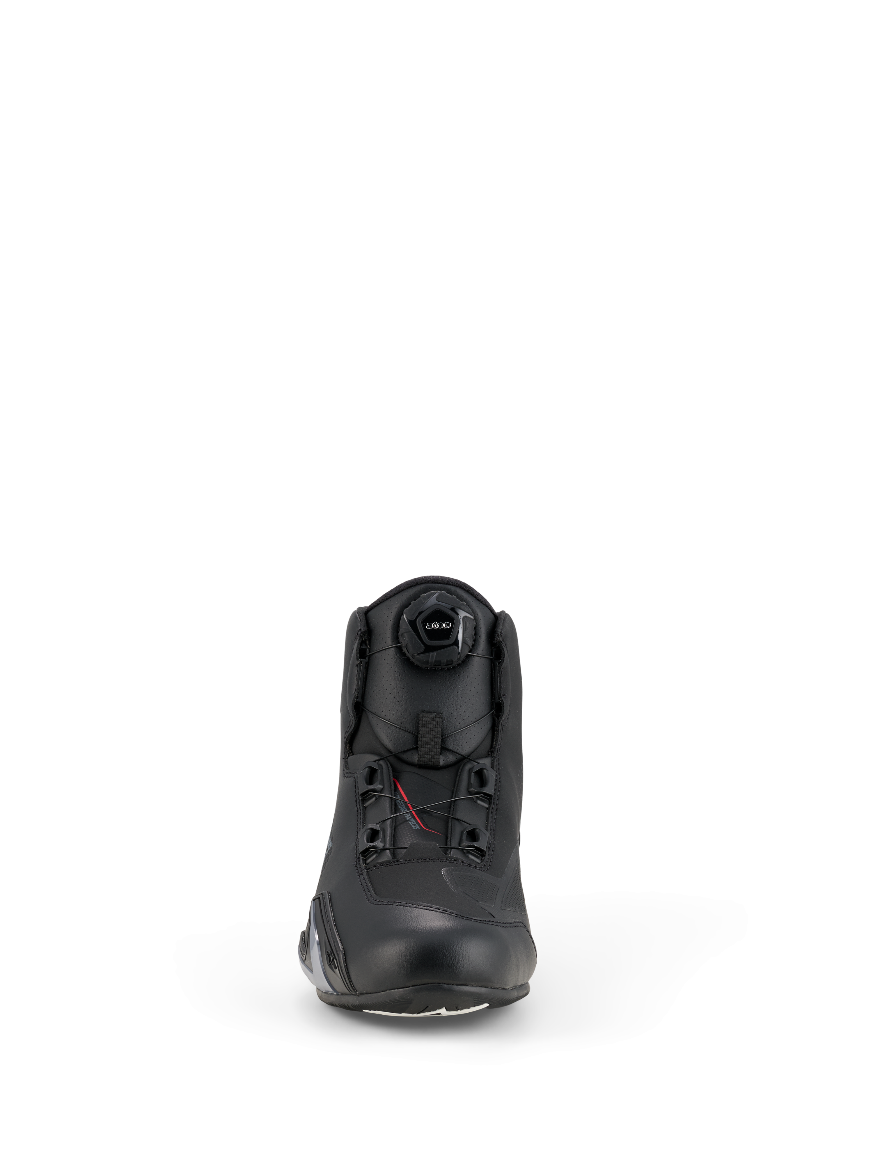Alpinestars Celer Schuhe, Motorradschuhe, Schwarz, Vorderansicht mit integriertem Rotor-Verschlusssystem, technische Mikrofaser-Konstruktion mit schlankem Profil und verstärktem Zehenbereich.