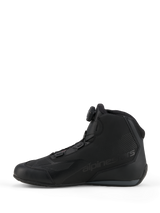 Alpinestars Celer Shoes, Sport and Racing Riding Shoes, Black and Dark Gray, side profile view featuring the integrated Rotor Closure System dial, technical microfiber construction with alpinestars branding, streamlined design for performance