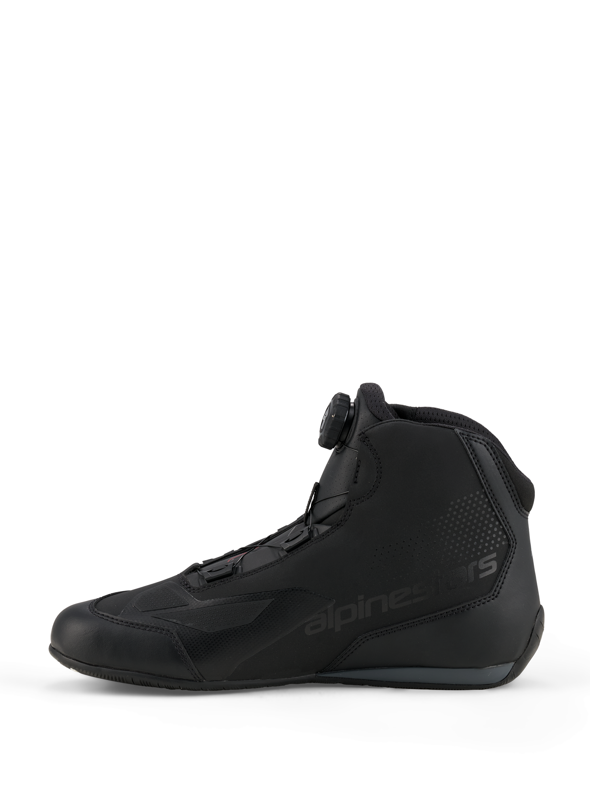 Alpinestars Celer Shoes, Sport and Racing Riding Shoes, Black and Dark Gray, side profile view featuring the integrated Rotor Closure System dial, technical microfiber construction with alpinestars branding, streamlined design for performance