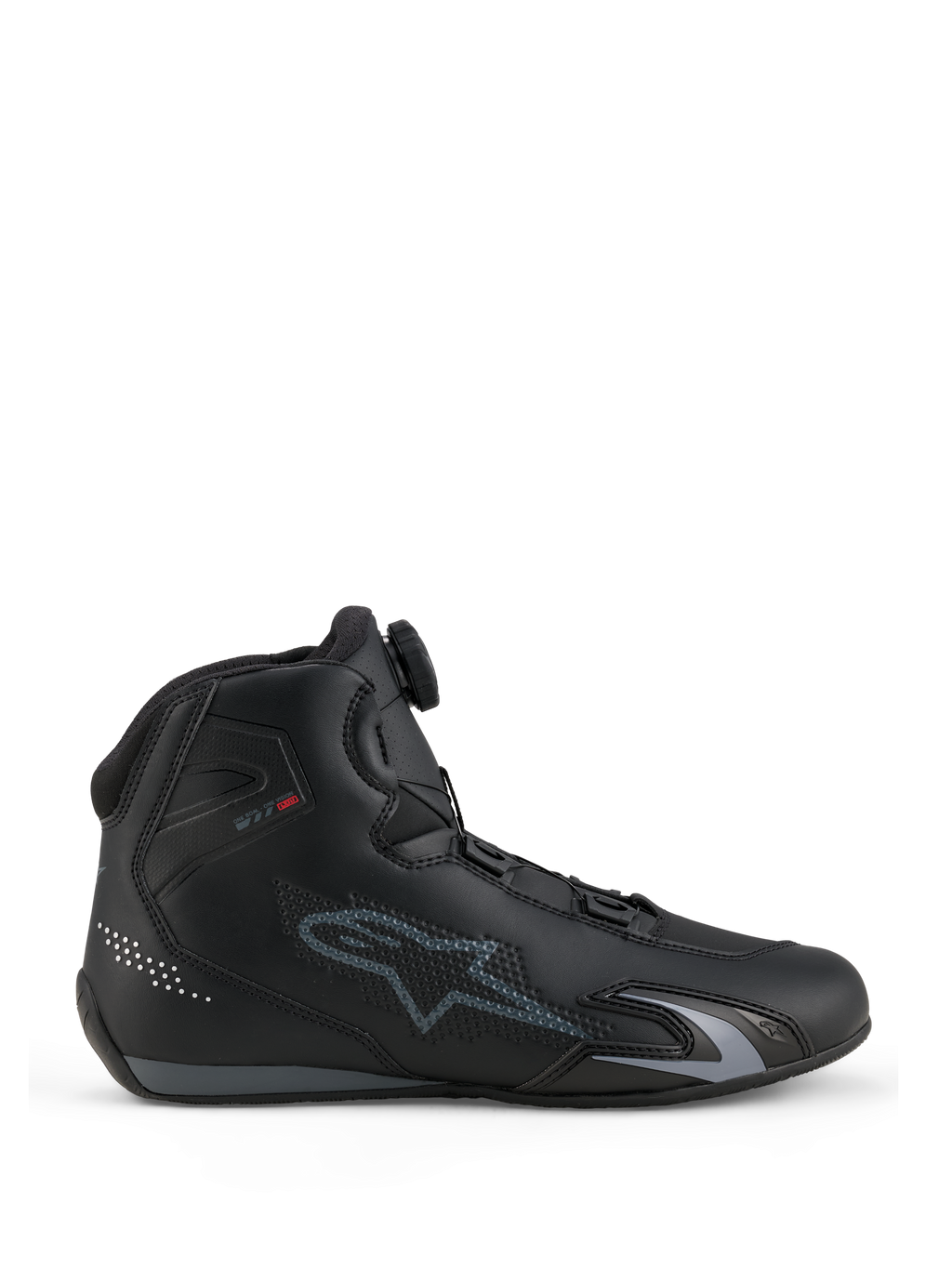 Alpinestars Celer Schuhe, Motorradschuhe, Schwarz und Dunkelgrau, Seitenansicht mit dem Rotor-Verschlusssystem-Drehrad auf der Zunge, Obermaterial aus technischer Mikrofaser mit grauem Alpinestars-Logo, schlankes Sport- und Rennprofil