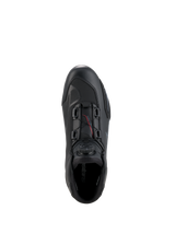 Alpinestars Celer Shoes, Motorcycle Riding Shoes, Black and Dark Gray, top-down view showing the Rotor Closure System dial and cables, technical microfiber construction with streamlined racing profile, protective sport footwear