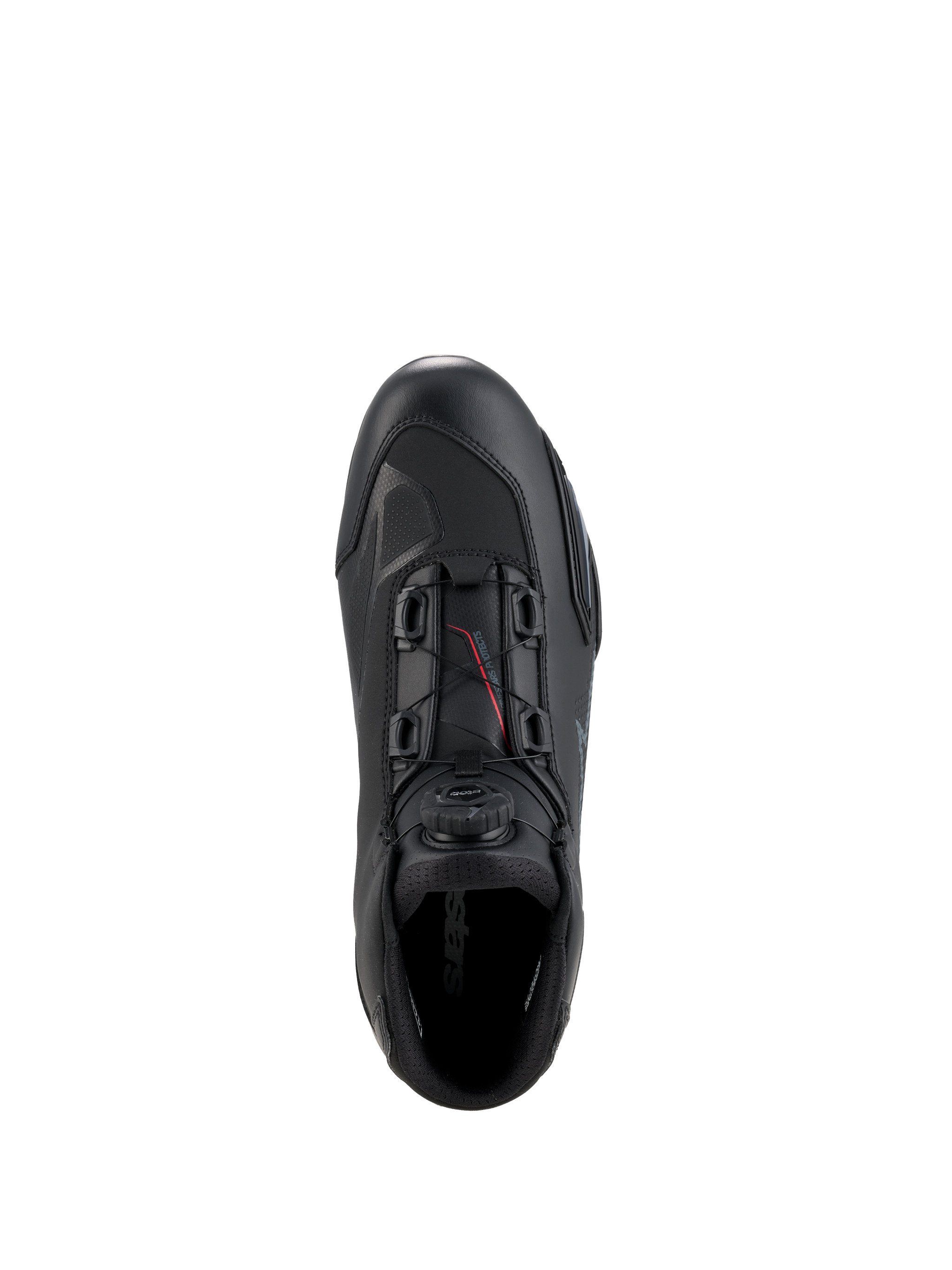 Alpinestars Celer Shoes, Motorcycle Riding Shoes, Black and Dark Gray, top-down view showing the Rotor Closure System dial and cables, technical microfiber construction with streamlined racing profile, protective sport footwear