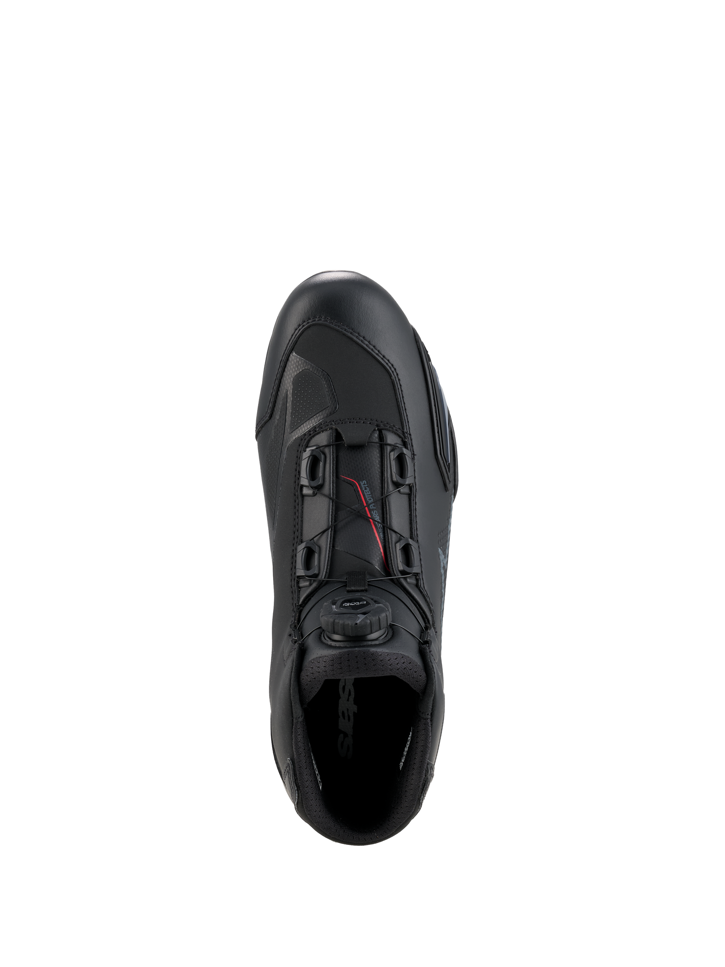 Alpinestars Celer Schuhe, Motorradschuhe, Schwarz und Dunkelgrau, Draufsicht zeigt das Rotor-Verschlusssystem mit Drehrad und Kabeln, technische Mikrofaser-Konstruktion mit stromlinienförmigem Rennprofil, schützendes Sportschuhwerk
