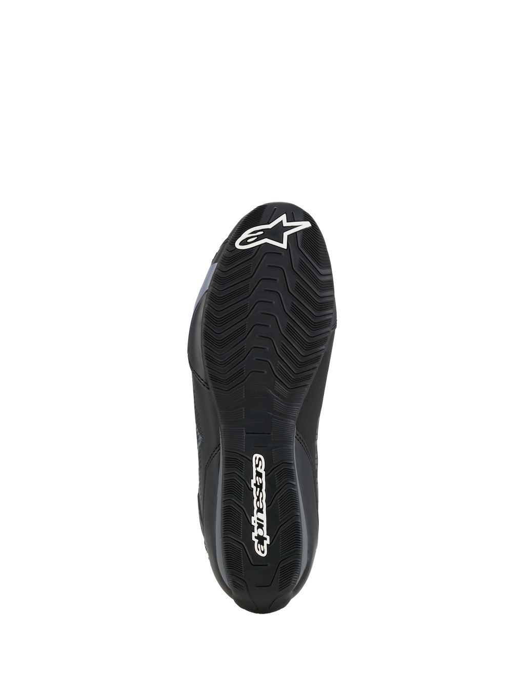 Alpinestars Celer Schuhe, Ansicht der Außensohle, schwarze ölbeständige Gummimischung mit strukturiertem wellenförmigem Profil, weißes Alpinestars-Logo an Zehen und Ferse, entwickelt für optimalen Halt auf Motorrad-Fußrasten